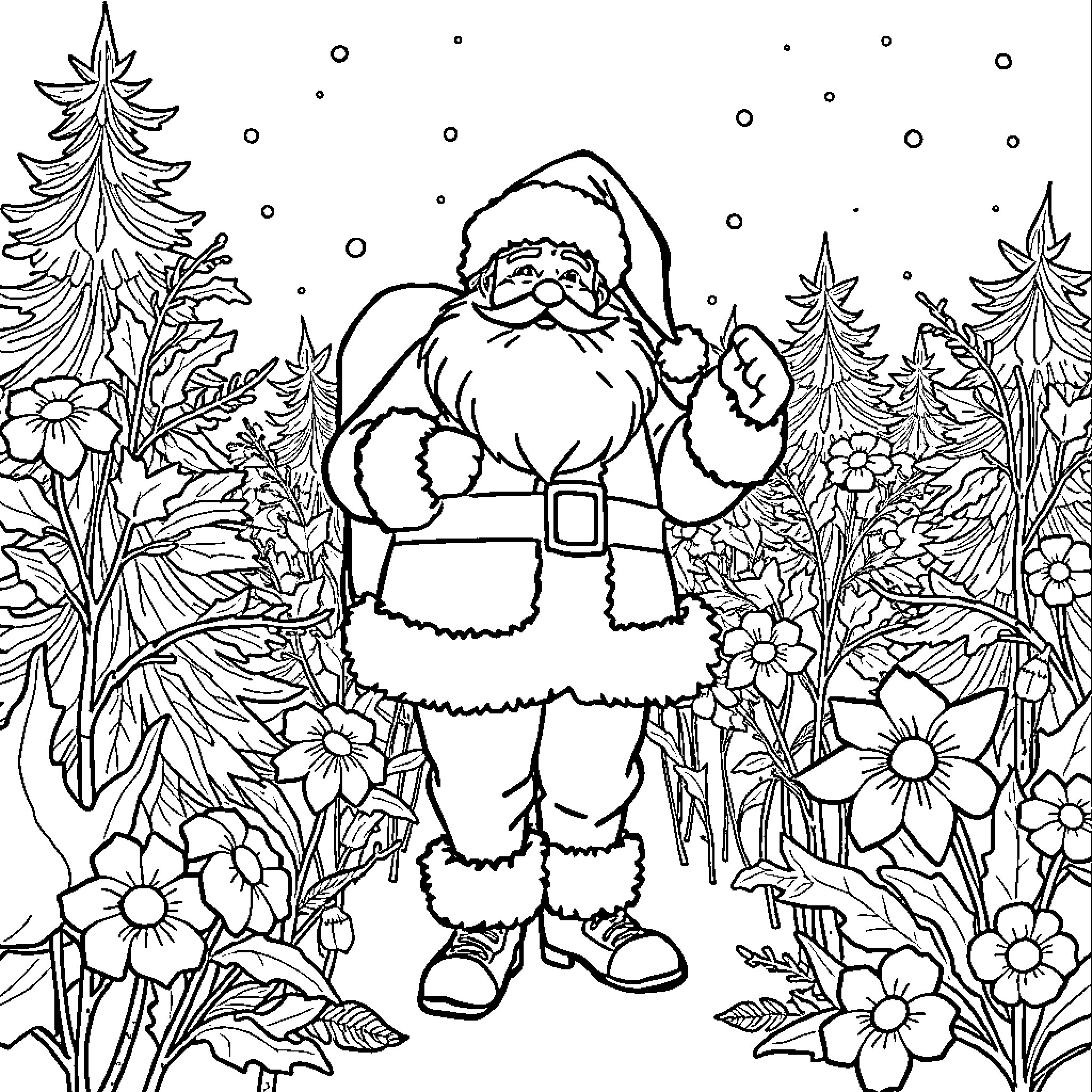 Père Noël admiring the winter wonderland Coloring Page (free black-and-white line drawing printable PDF for all, from beginners to advanced learners, including children, teens, adults, and seniors)