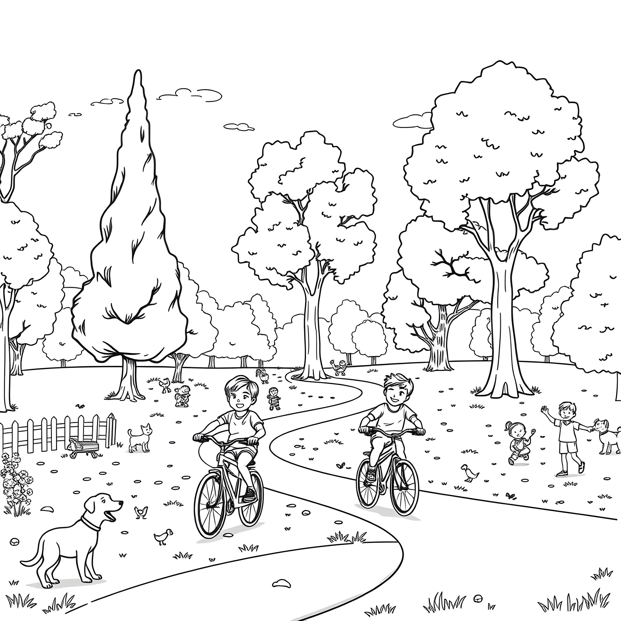 Boy and friends enjoy bike ride in scenic park Coloring Page (free black-and-white line drawing printable PDF for all, from beginners to advanced learners, including children, teens, adults, and seniors)