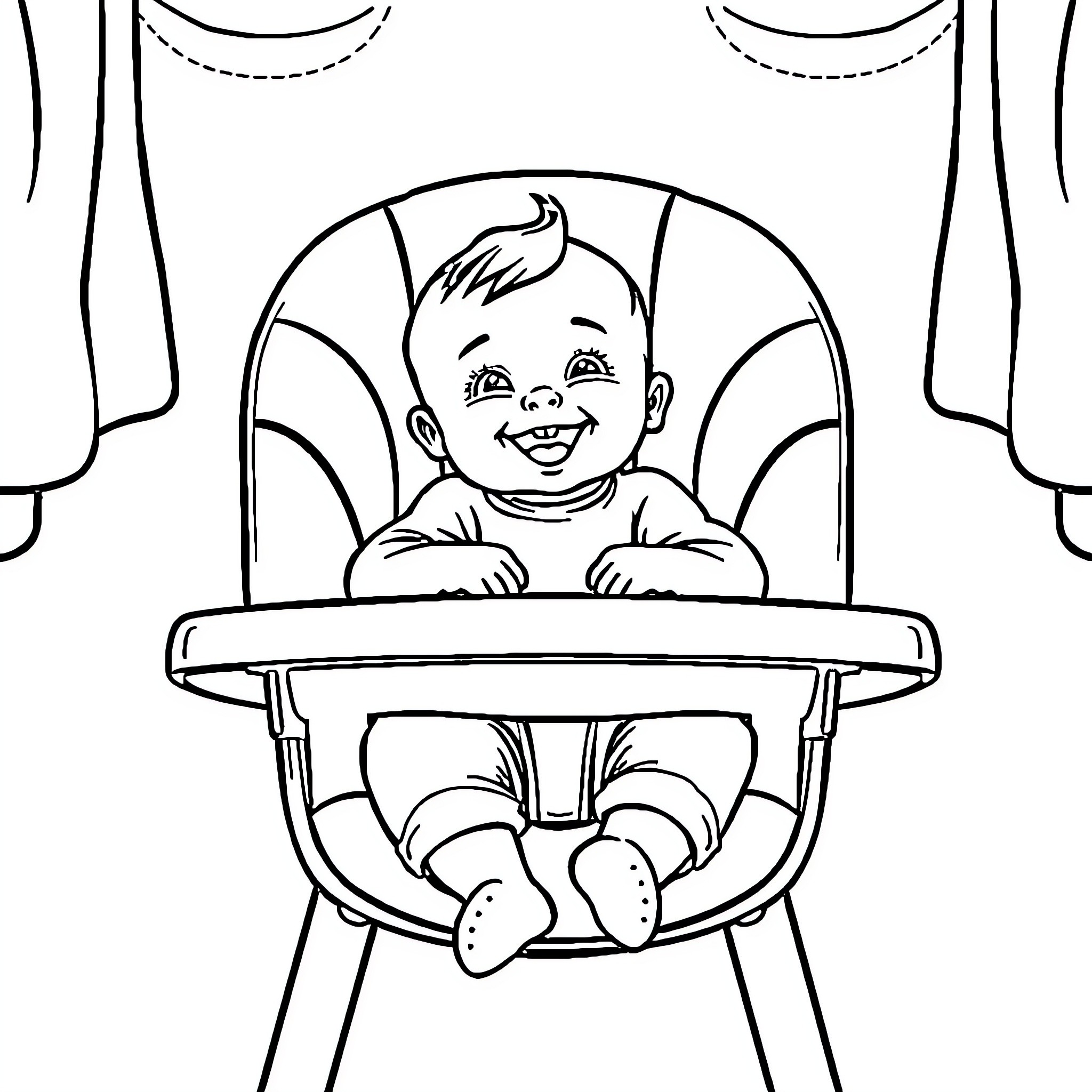 Baby sitting happily in high chair Coloring Page (free black-and-white line drawing printable PDF for all, from beginners to advanced learners, including children, teens, adults, and seniors)
