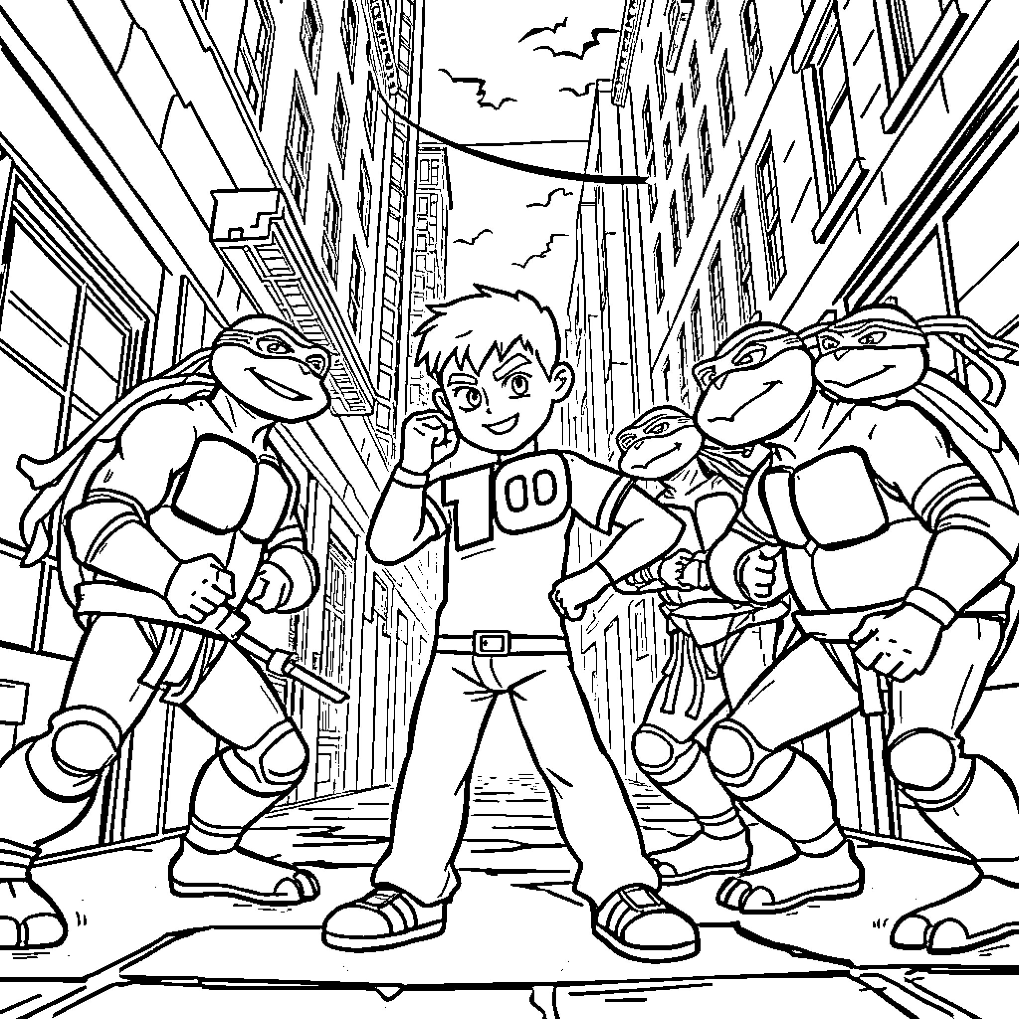 Ben 10 and his alien friends explore the city Coloring Page (free black-and-white line drawing printable PDF for all, from beginners to advanced learners, including children, teens, adults, and seniors)