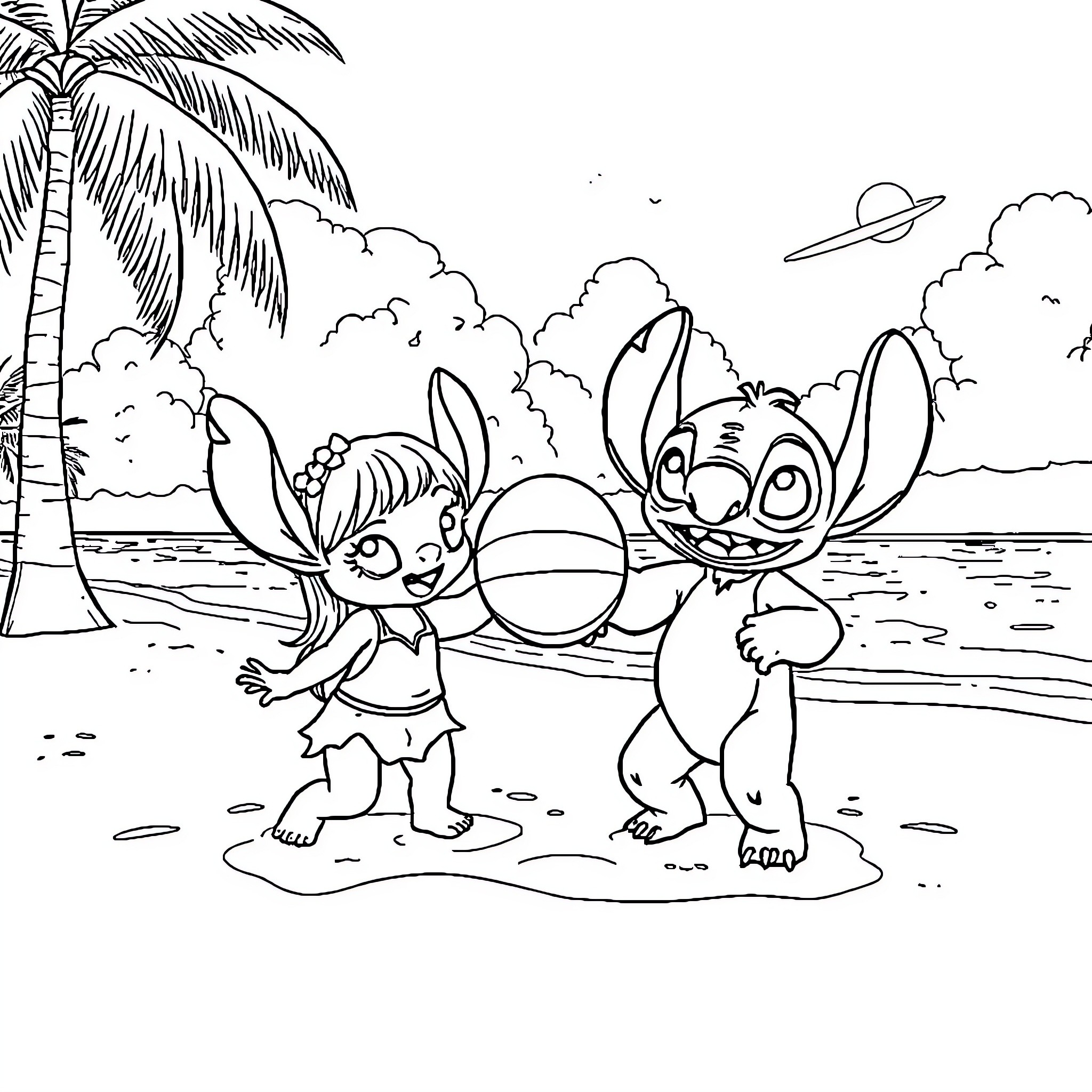 Lilo And Stitch Playing on the Beach Coloring Page (free black-and-white line drawing printable PDF for all, from beginners to advanced learners, including children, teens, adults, and seniors)