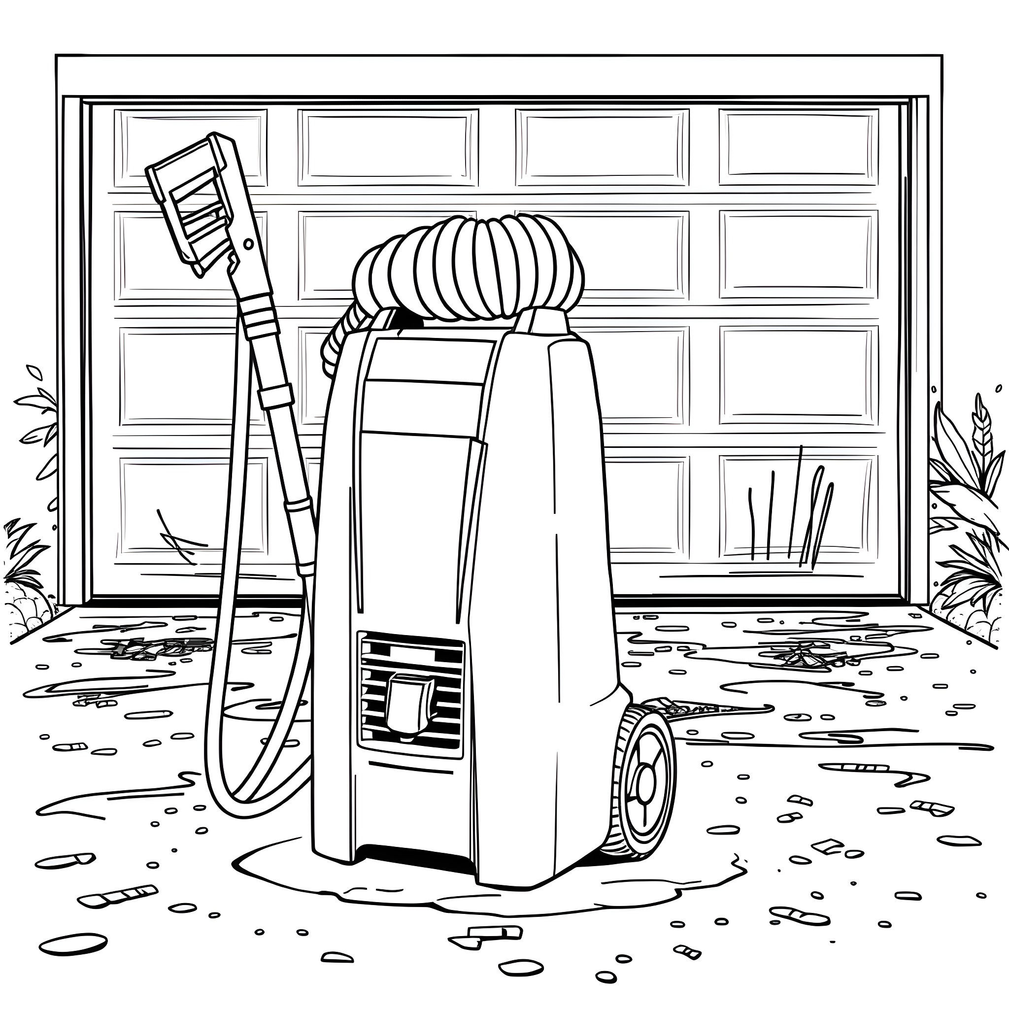 Power Washer Cleaning Outdoor Equipment in Yard Coloring Page (free black-and-white line drawing printable PDF for all, from beginners to advanced learners, including children, teens, adults, and seniors)