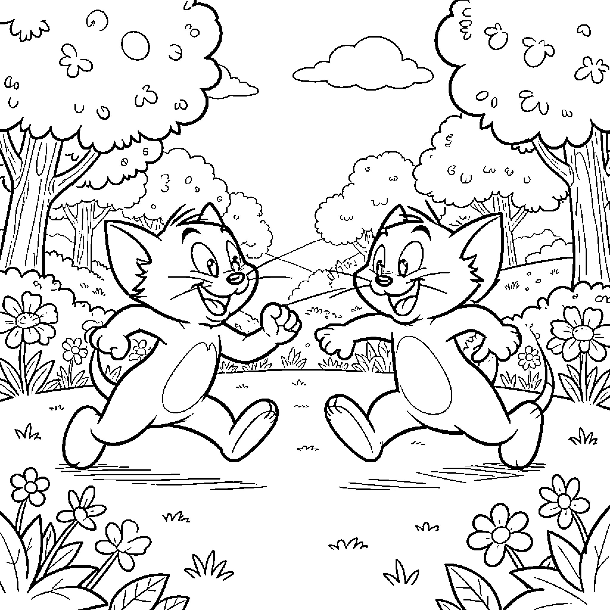 Tom and Jerry playing happily in the forest Coloring Page (free black-and-white line drawing printable PDF for all, from beginners to advanced learners, including children, teens, adults, and seniors)