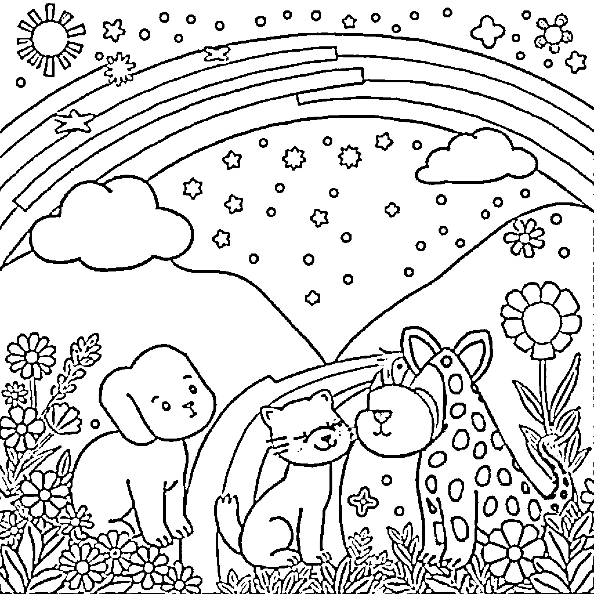 Lisa Frank Magical Animal Friends in a Whimsical Landscape Coloring Page (free black-and-white line drawing printable PDF for all, from beginners to advanced learners, including children, teens, adults, and seniors)