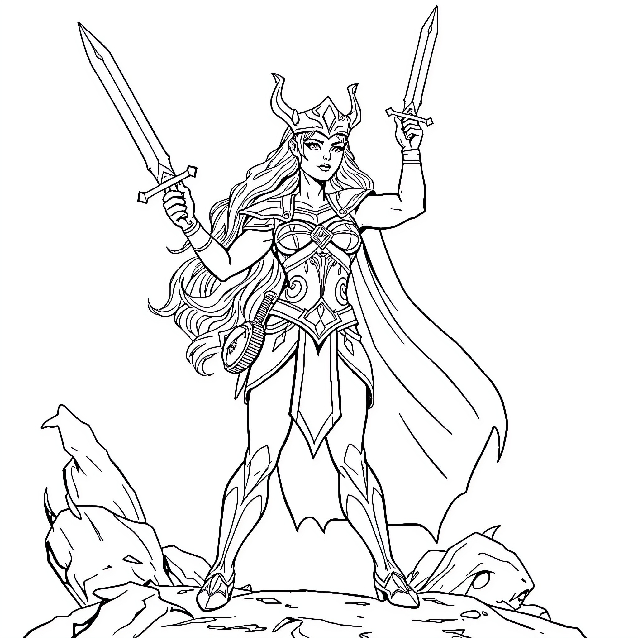 She-Ra, the powerful warrior princess, stands tall with swords drawn Coloring Page (free black-and-white line drawing printable PDF for all, from beginners to advanced learners, including children, teens, adults, and seniors)