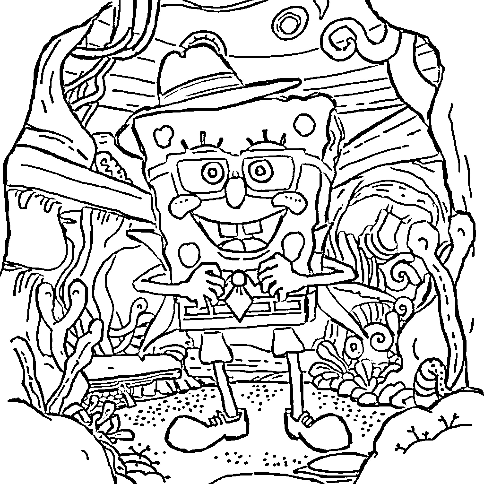 Spongebob wearing a hat and glasses smiling happily Coloring Page (free black-and-white line drawing printable PDF for all, from beginners to advanced learners, including children, teens, adults, and seniors)