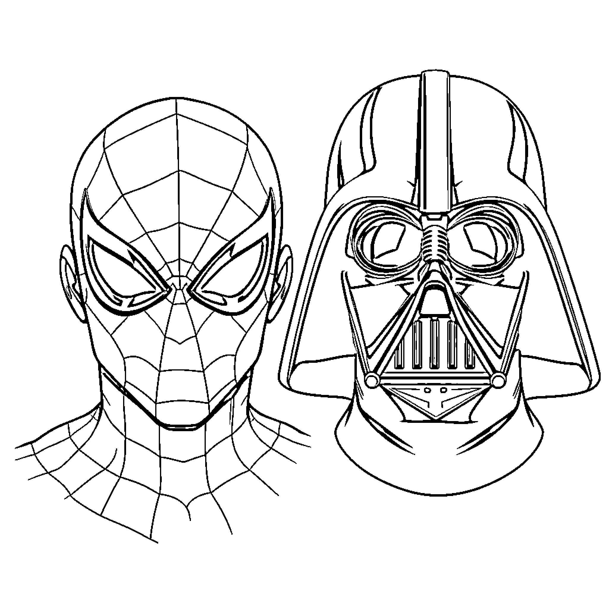 Face of Popular Superhero and Villain Masks Coloring Page (free black-and-white line drawing printable PDF for all, from beginners to advanced learners, including children, teens, adults, and seniors)