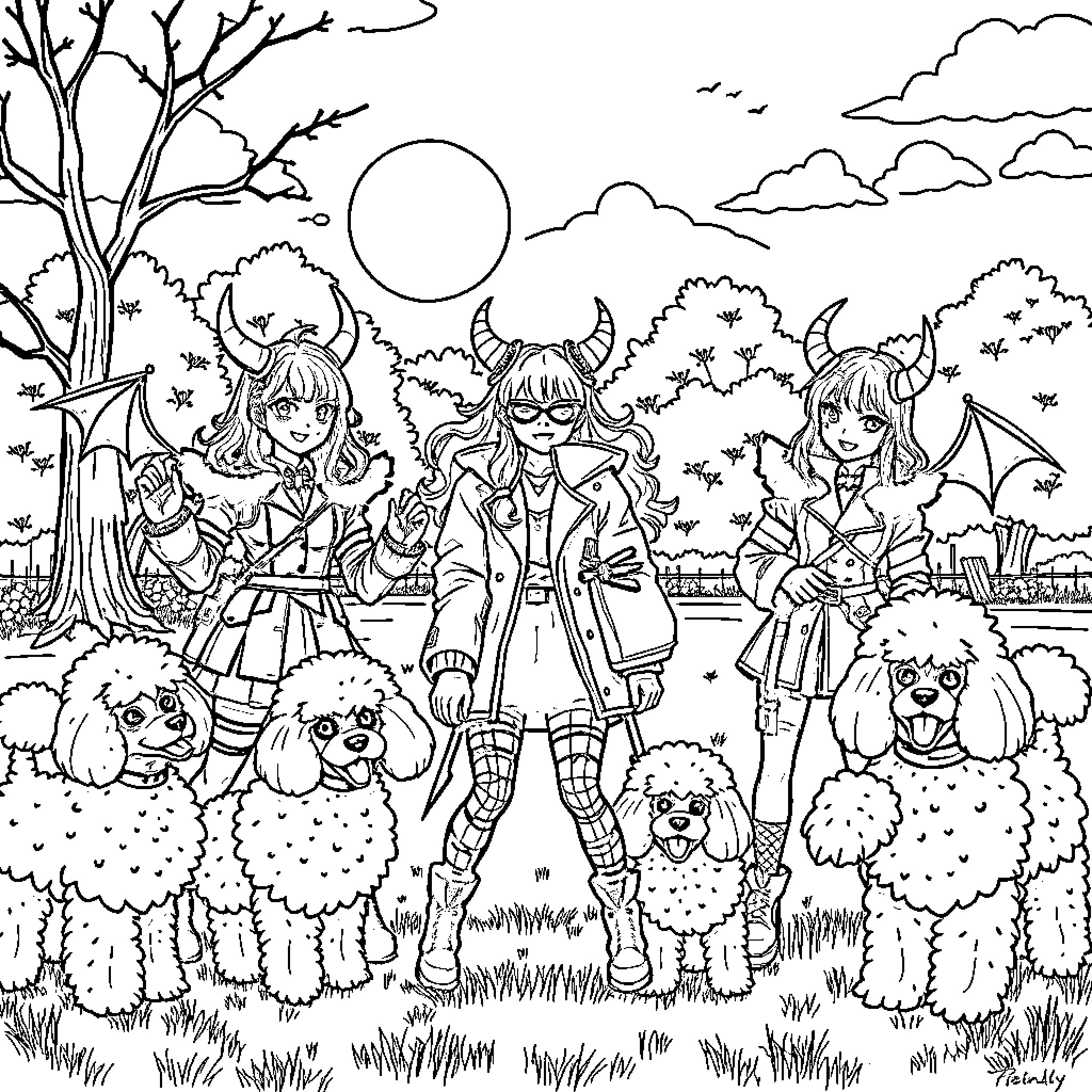 K-POP Demon Hunters Battling Supernatural Forces in Nature Coloring Page (free black-and-white line drawing printable PDF for all, from beginners to advanced learners, including children, teens, adults, and seniors)