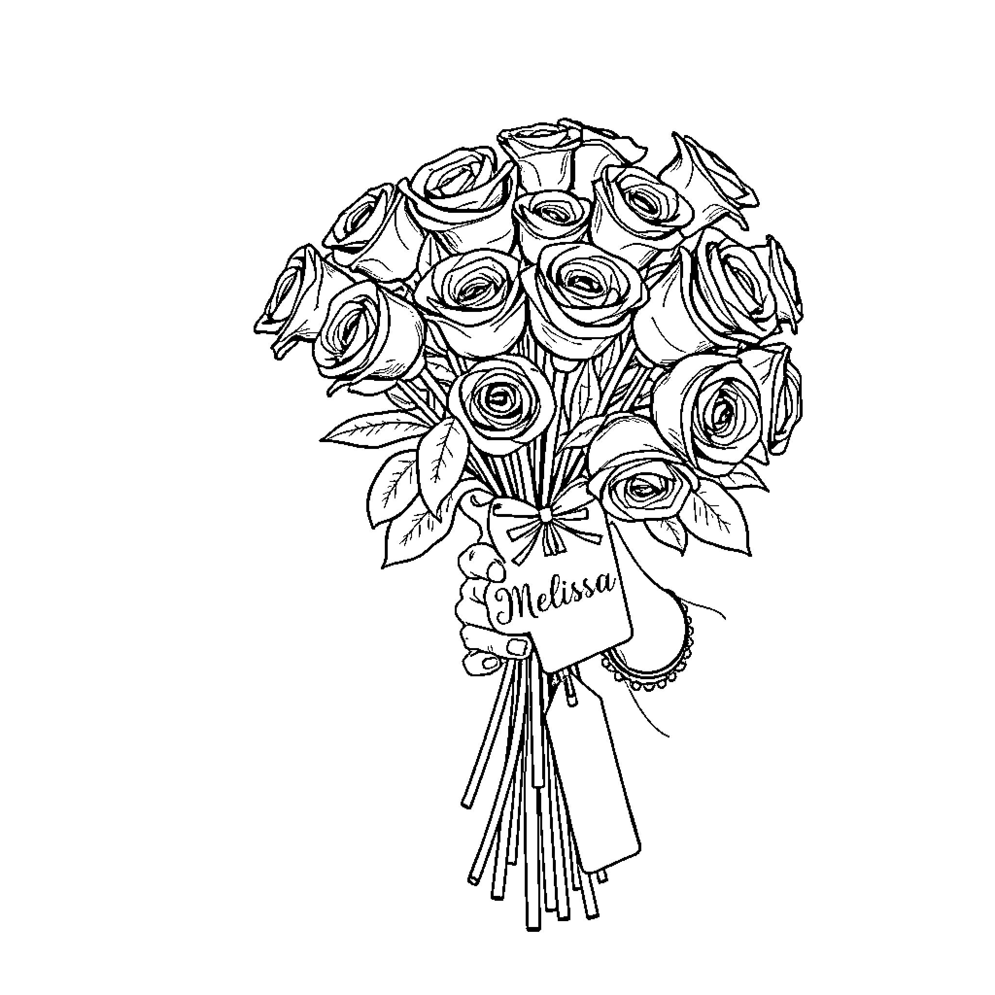 Singer holding bouquet of roses and flowers Coloring Page (free black-and-white line drawing printable PDF for all, from beginners to advanced learners, including children, teens, adults, and seniors)
