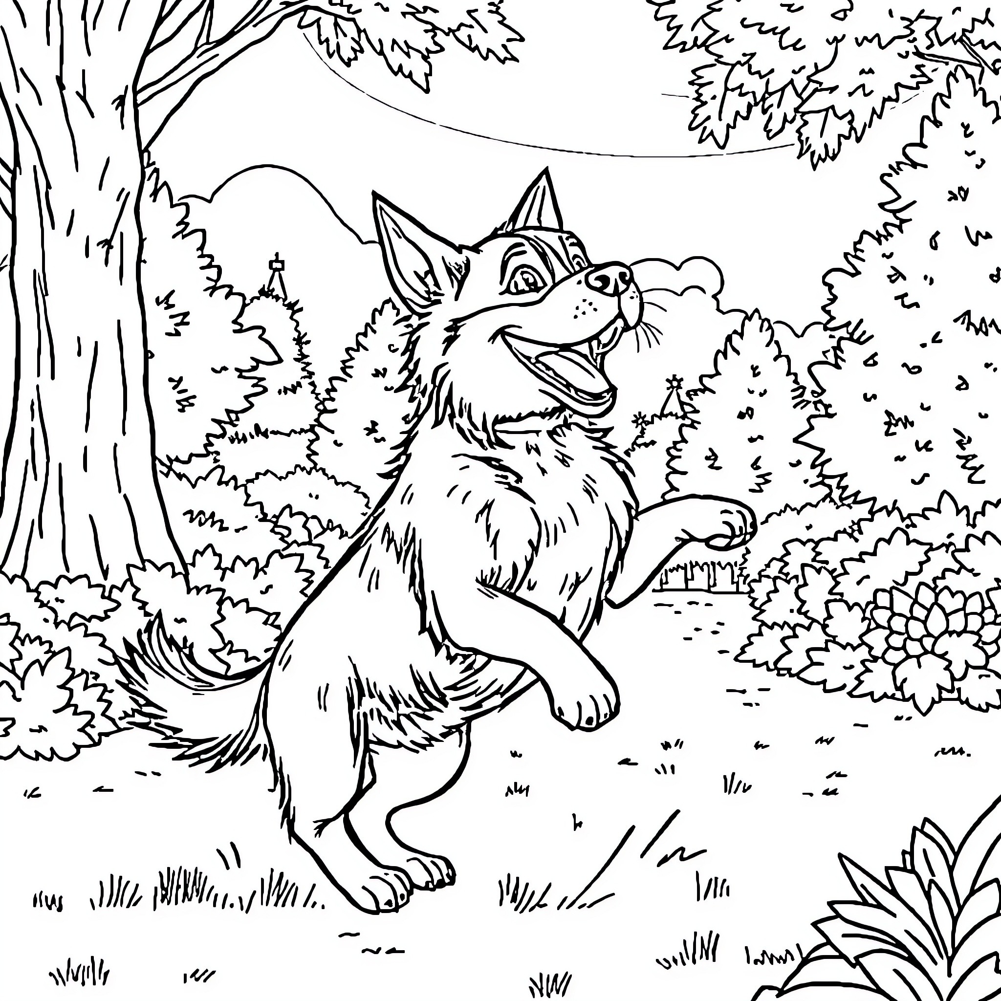 Dog happily playing in the forest Coloring Page (free black-and-white line drawing printable PDF for all, from beginners to advanced learners, including children, teens, adults, and seniors)