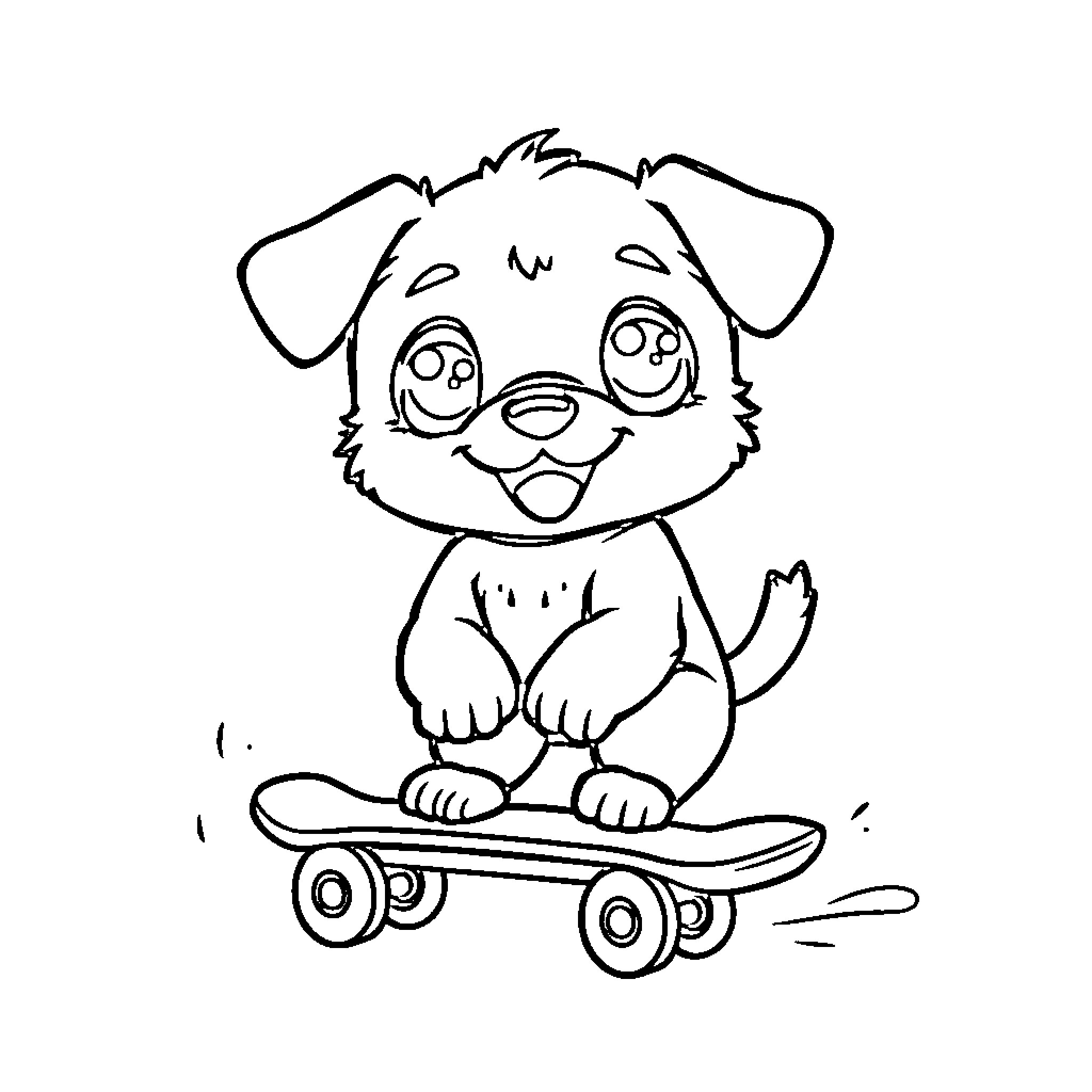 Puppy riding a skateboard happily Coloring Page (free black-and-white line drawing printable PDF for all, from beginners to advanced learners, including children, teens, adults, and seniors)