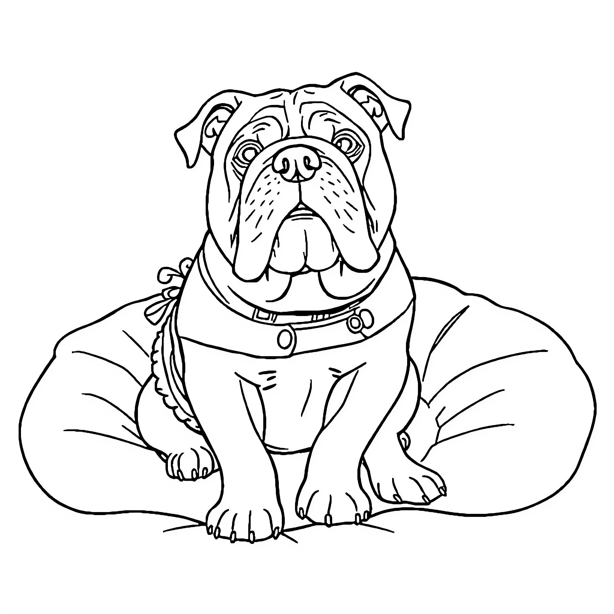 Bulldog with a collar sitting obediently Coloring Page (free black-and-white line drawing printable PDF for all, from beginners to advanced learners, including children, teens, adults, and seniors)