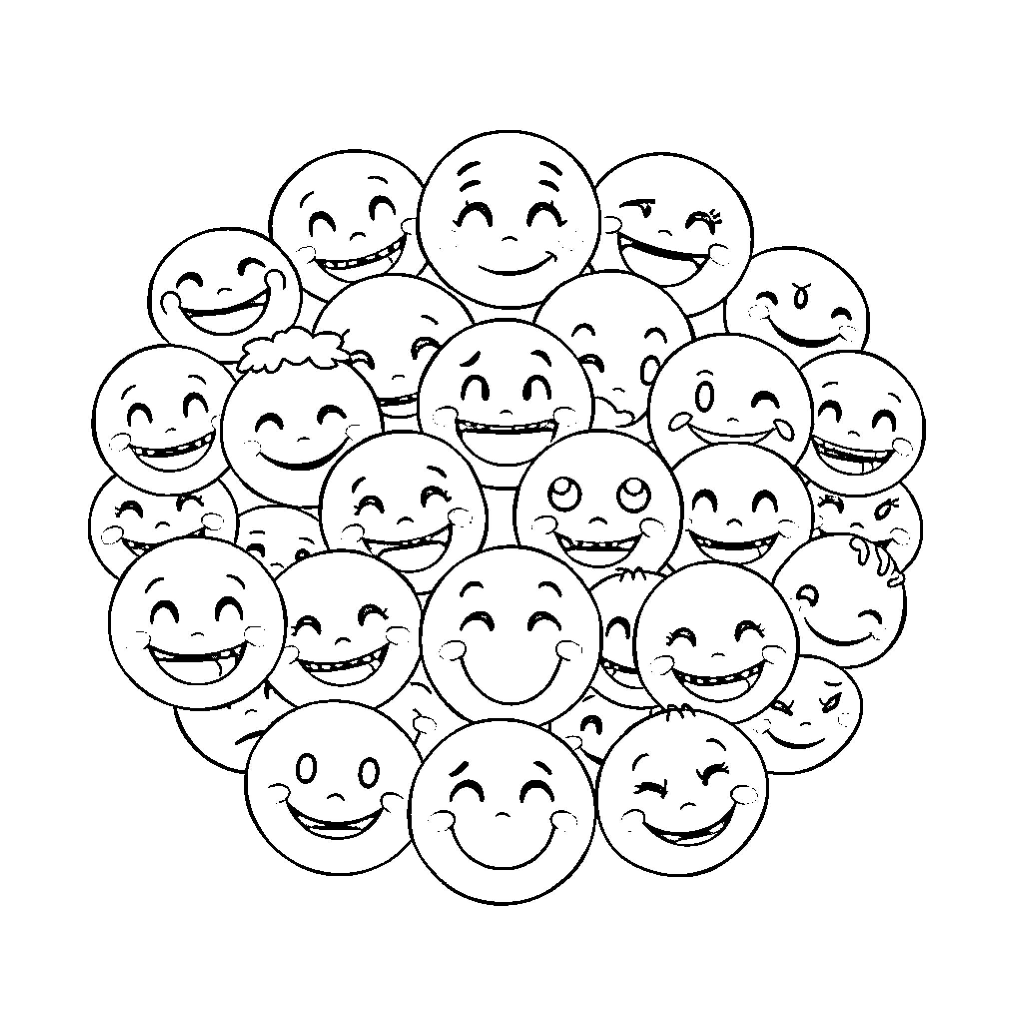 Emoji Smiley Faces in a Cheerful Group Coloring Page (free black-and-white line drawing printable PDF for all, from beginners to advanced learners, including children, teens, adults, and seniors)