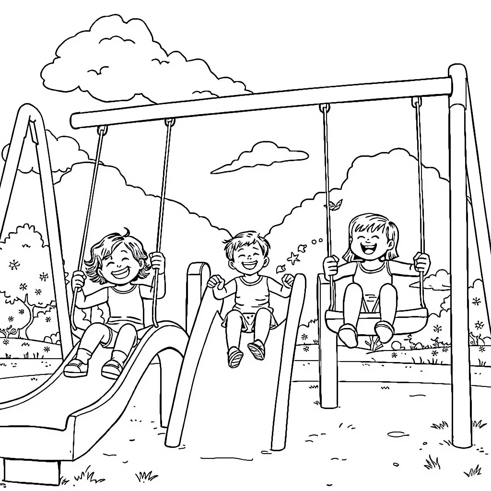 Children playing happily on swing set in park Coloring Page (free black-and-white line drawing printable PDF for all, from beginners to advanced learners, including children, teens, adults, and seniors)