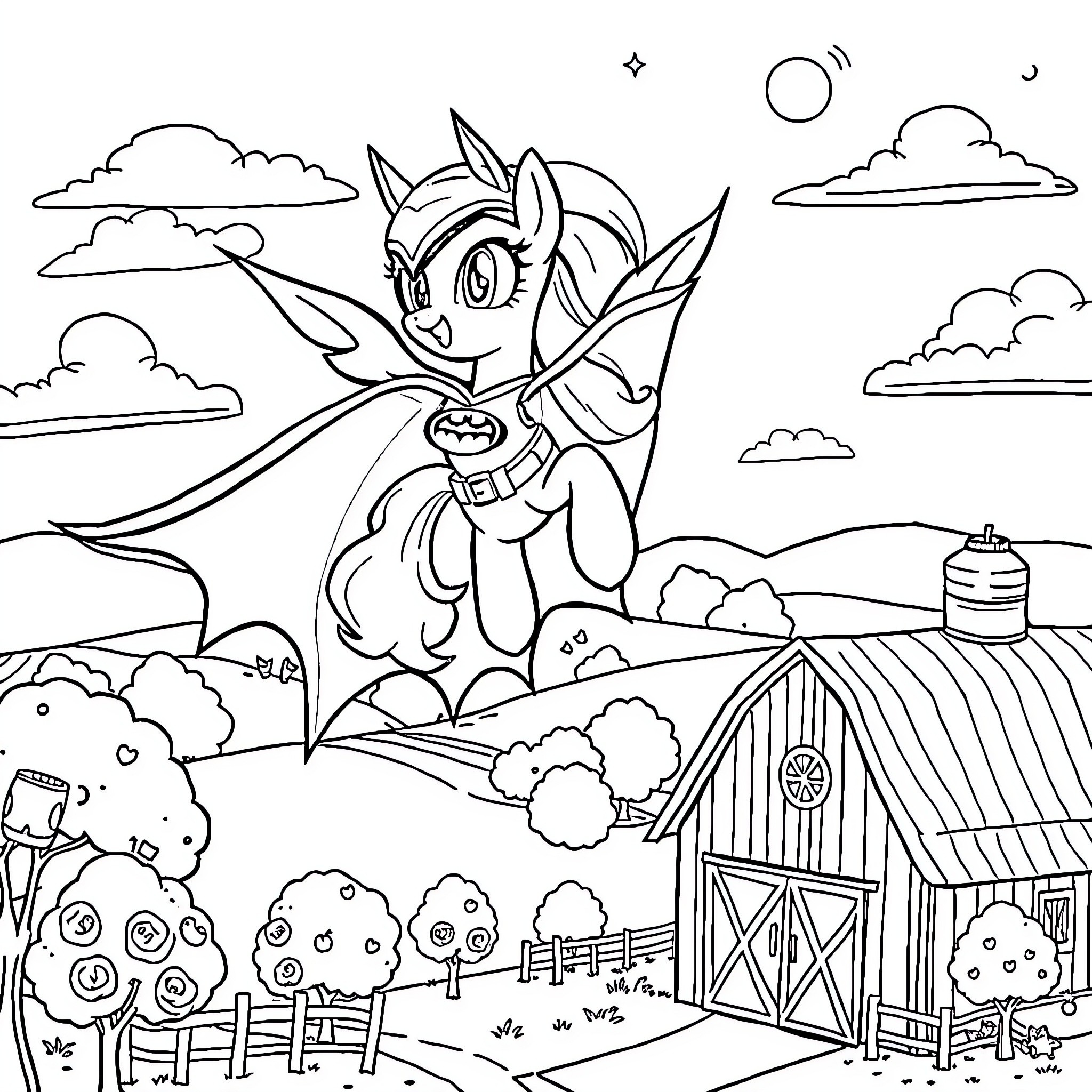 Fluttershy helping with chores on the farm Coloring Page (free black-and-white line drawing printable PDF for all, from beginners to advanced learners, including children, teens, adults, and seniors)