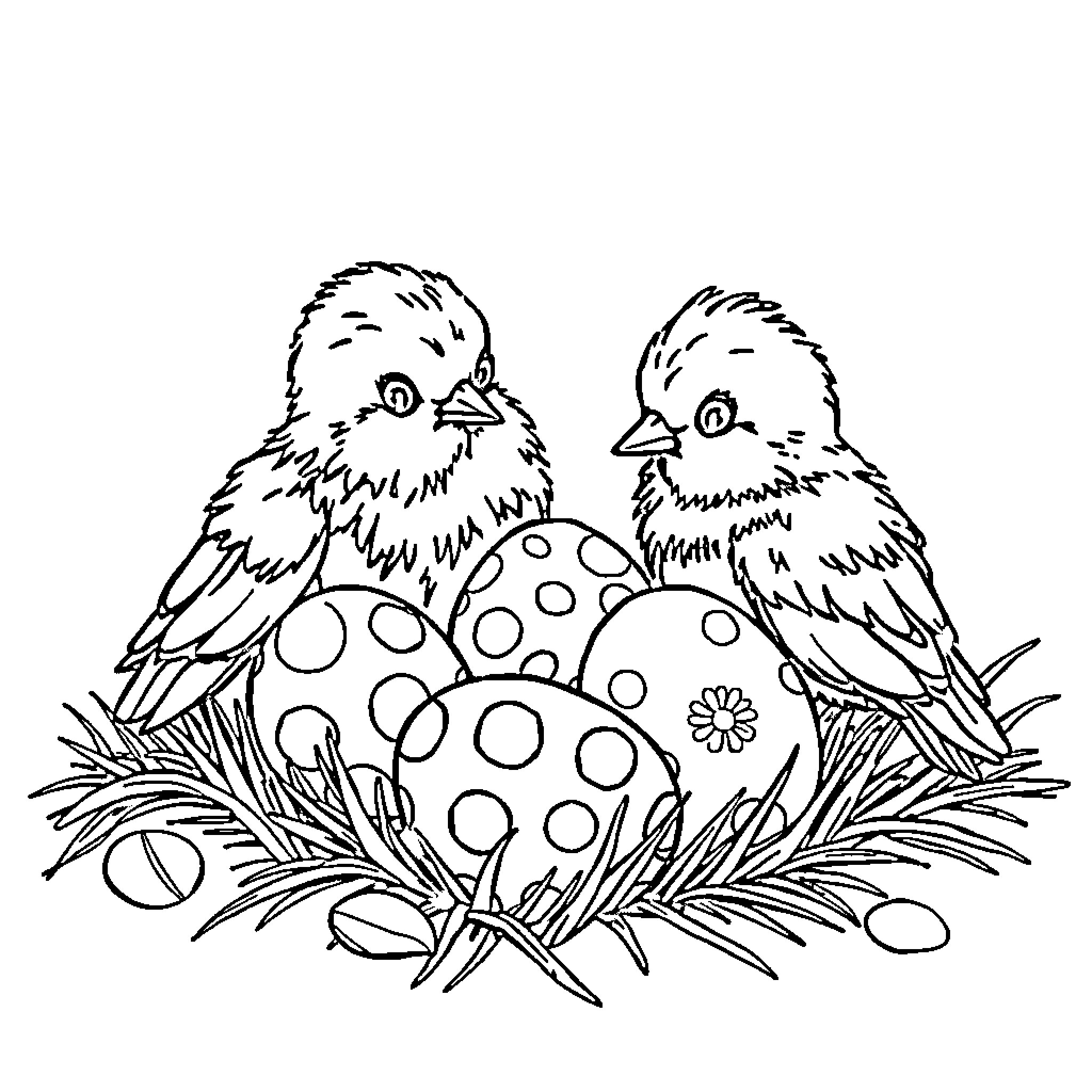 Fluvsie baby chicks in spotted nest Coloring Page (free black-and-white line drawing printable PDF for all, from beginners to advanced learners, including children, teens, adults, and seniors)
