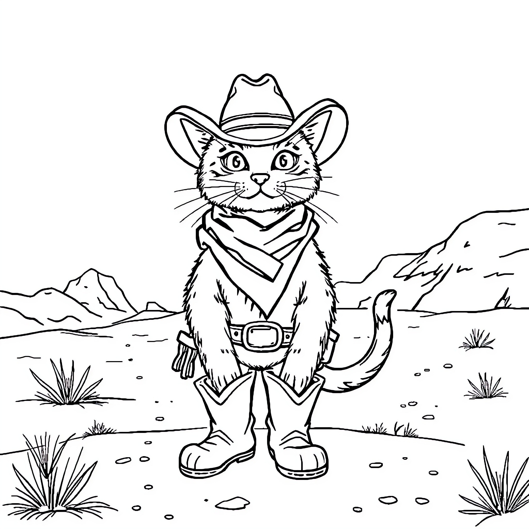 Cowboy Cat Exploring the Western Landscape Coloring Page (free black-and-white line drawing printable PDF for all, from beginners to advanced learners, including children, teens, adults, and seniors)