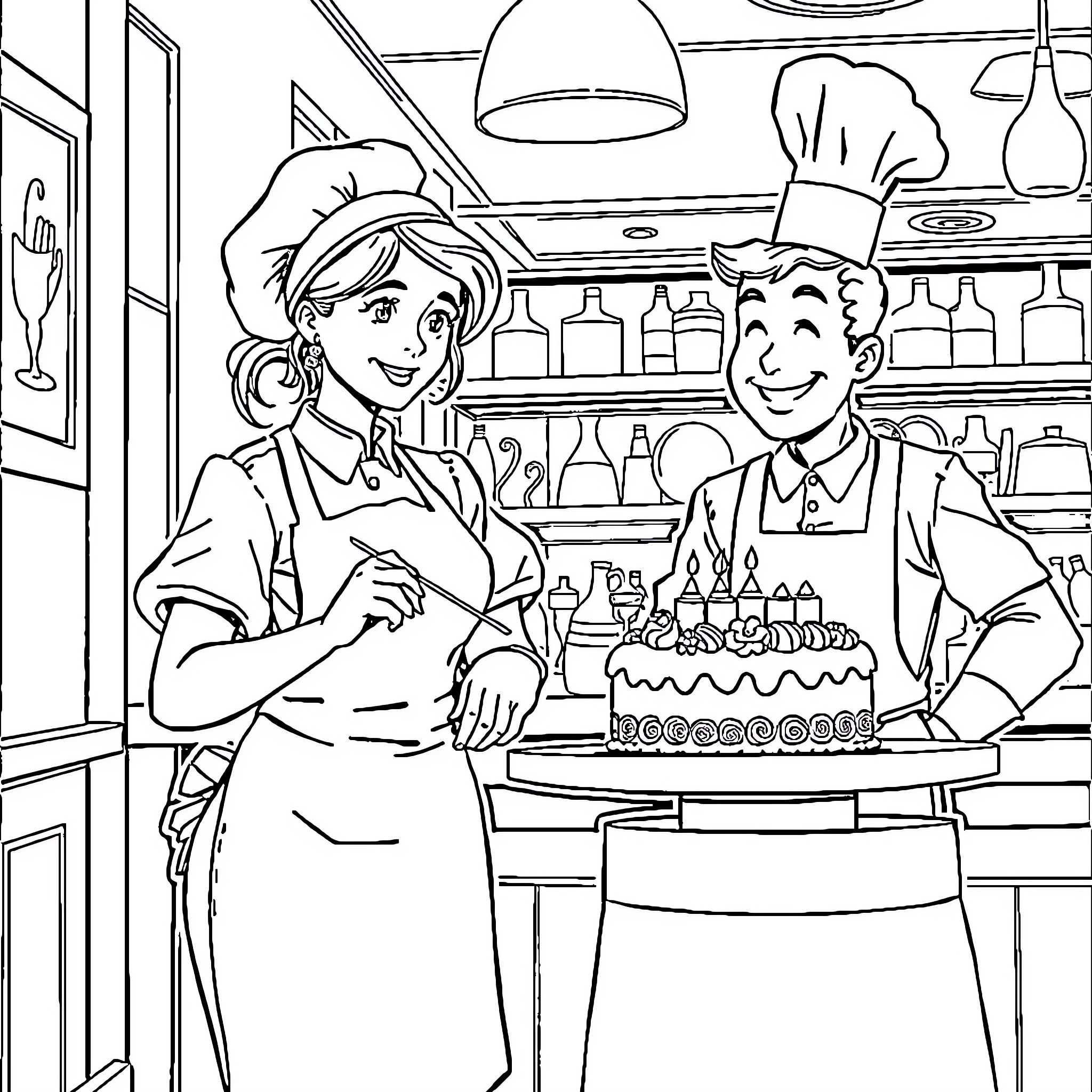 Cuisinière: Chefs preparing delectable treats in the kitchen Coloring Page (free black-and-white line drawing printable PDF for all, from beginners to advanced learners, including children, teens, adults, and seniors)