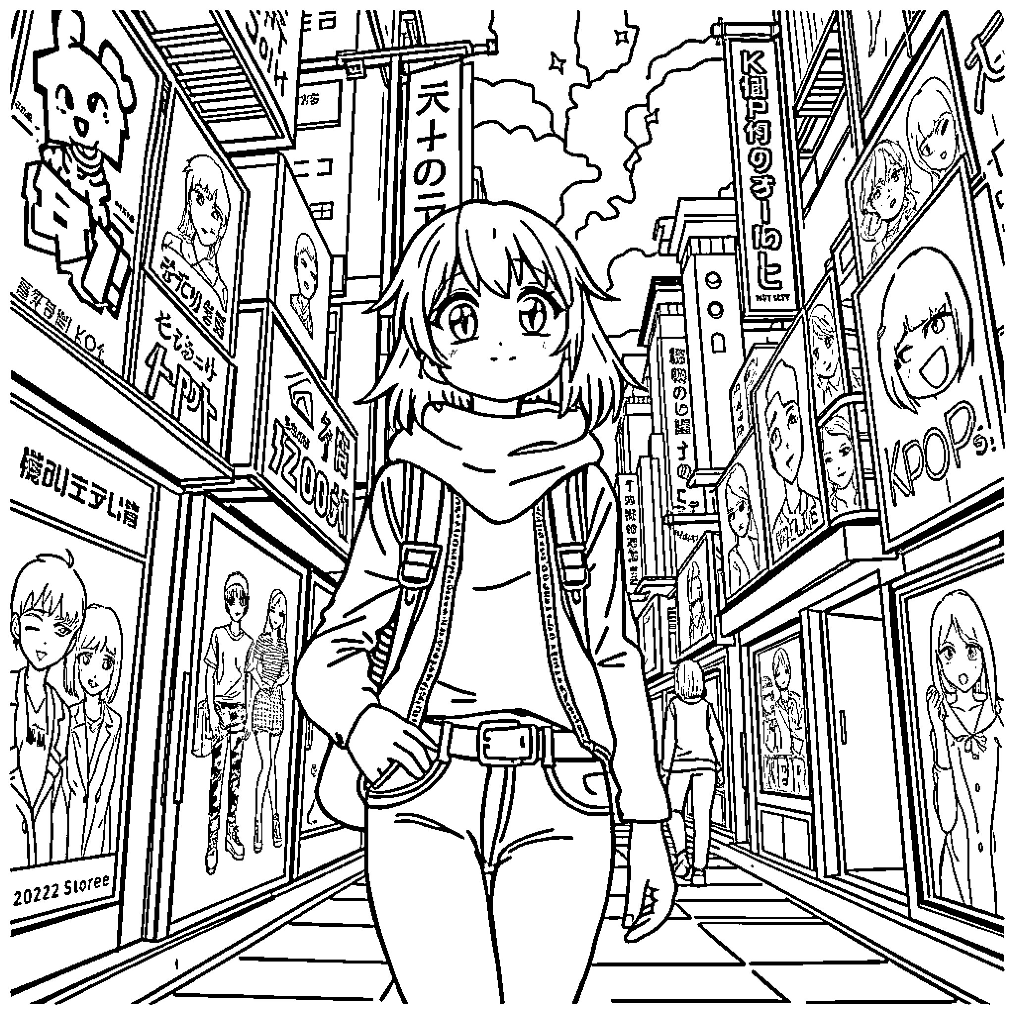 Kpop Hunter Explores Vibrant City Streetscape Coloring Page (free black-and-white line drawing printable PDF for all, from beginners to advanced learners, including children, teens, adults, and seniors)