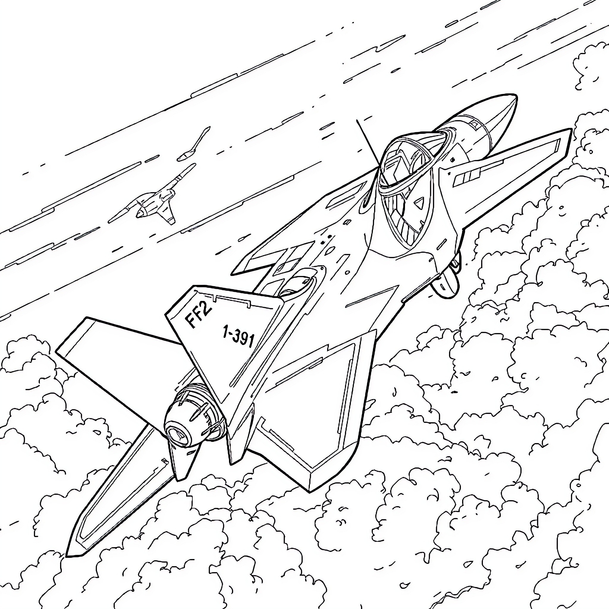 Jet fighter aircraft in high-speed aerial maneuver Coloring Page (free black-and-white line drawing printable PDF for all, from beginners to advanced learners, including children, teens, adults, and seniors)