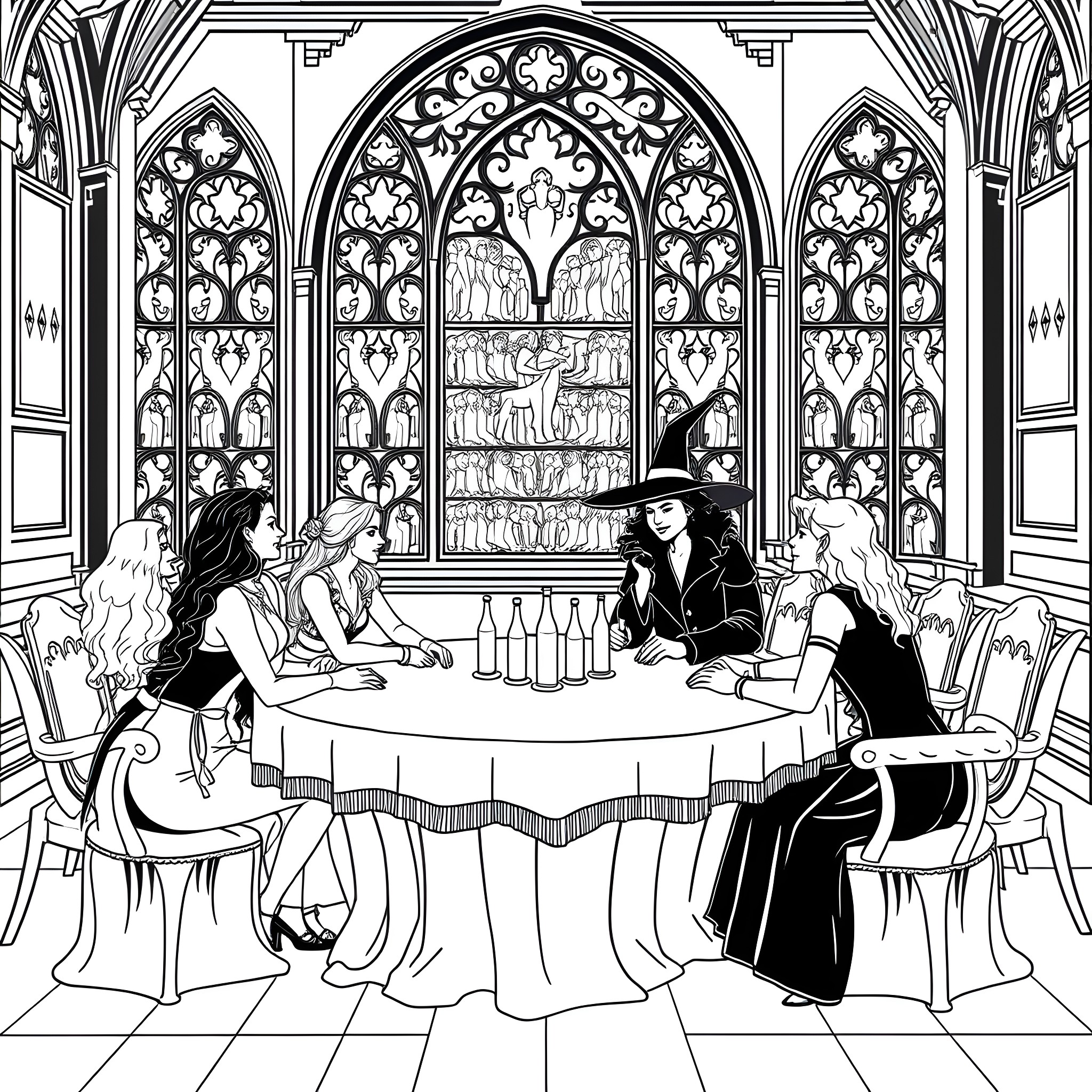 Wicked group dining in an opulent gothic hall Coloring Page (free black-and-white line drawing printable PDF for all, from beginners to advanced learners, including children, teens, adults, and seniors)