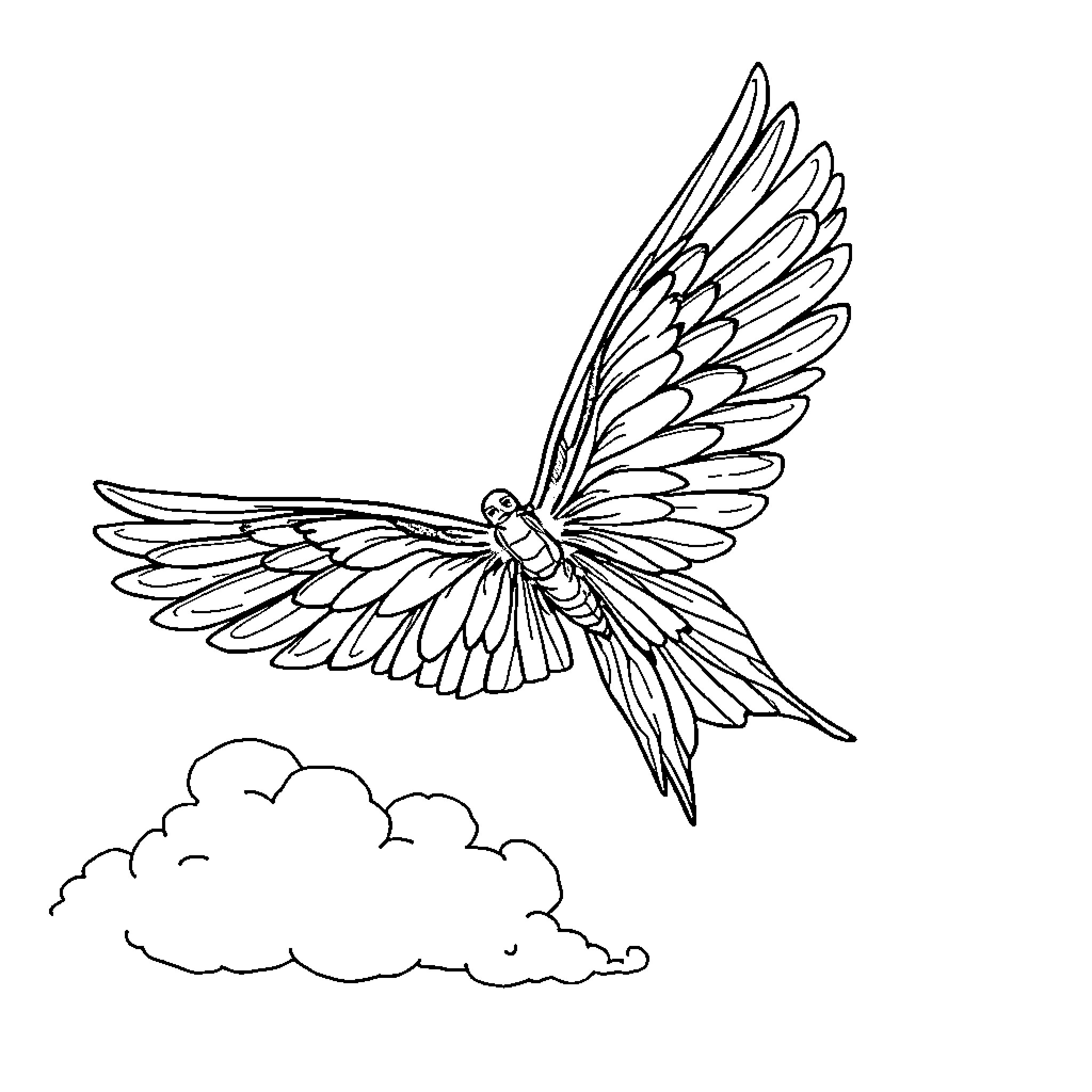 Wing of a majestic bird soaring through clouds Coloring Page (free black-and-white line drawing printable PDF for all, from beginners to advanced learners, including children, teens, adults, and seniors)