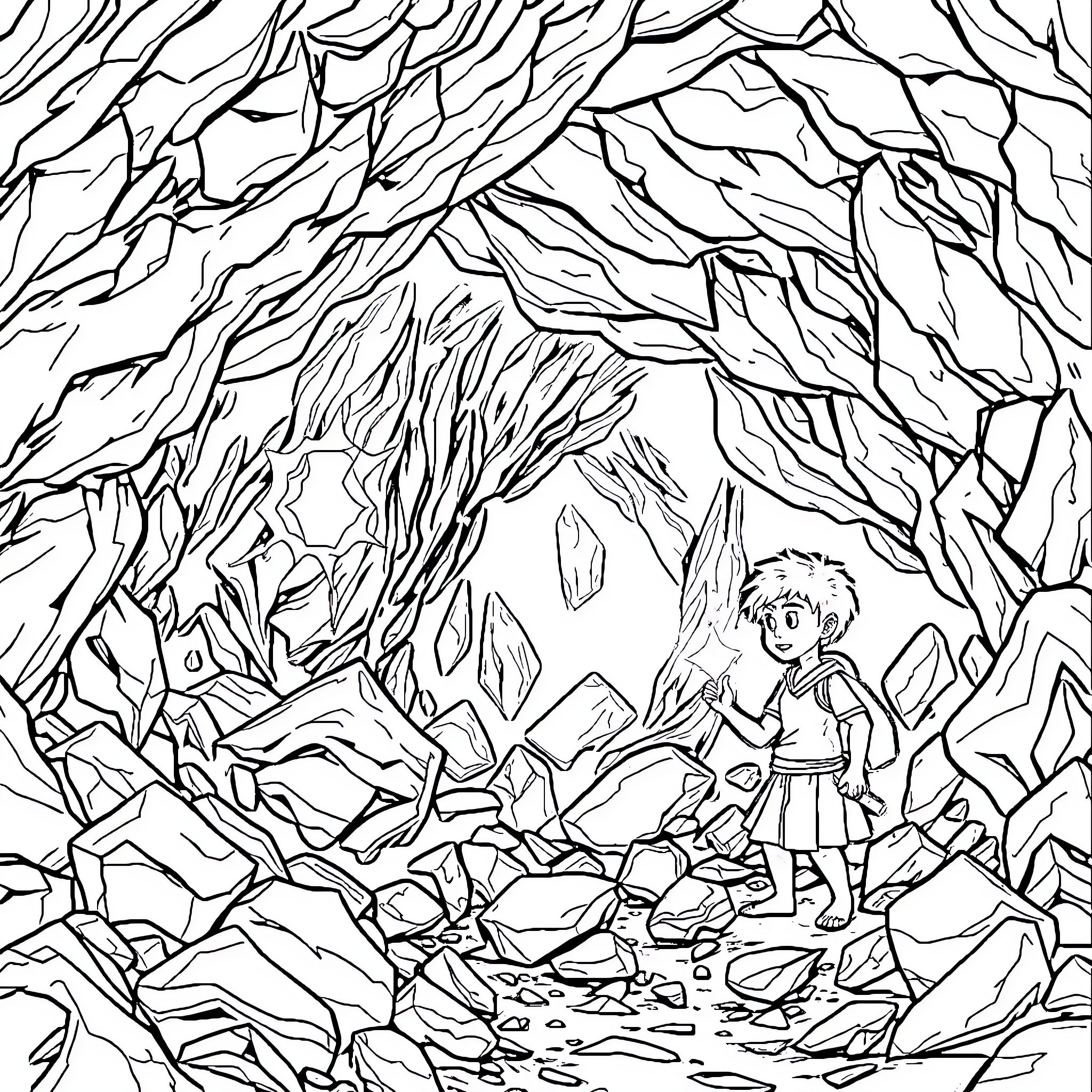 Shard Boy Exploring Mysterious Crystal Cave Coloring Page (free black-and-white line drawing printable PDF for all, from beginners to advanced learners, including children, teens, adults, and seniors)