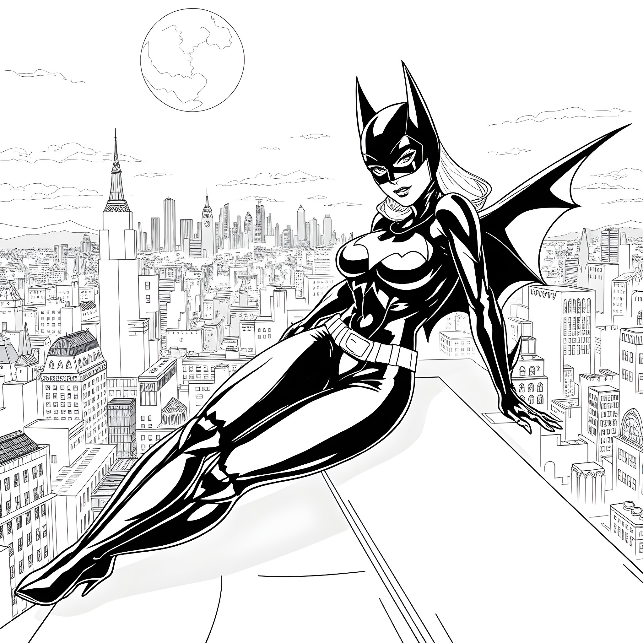 Batwoman flying heroically over the city skyline Coloring Page (free black-and-white line drawing printable PDF for all, from beginners to advanced learners, including children, teens, adults, and seniors)