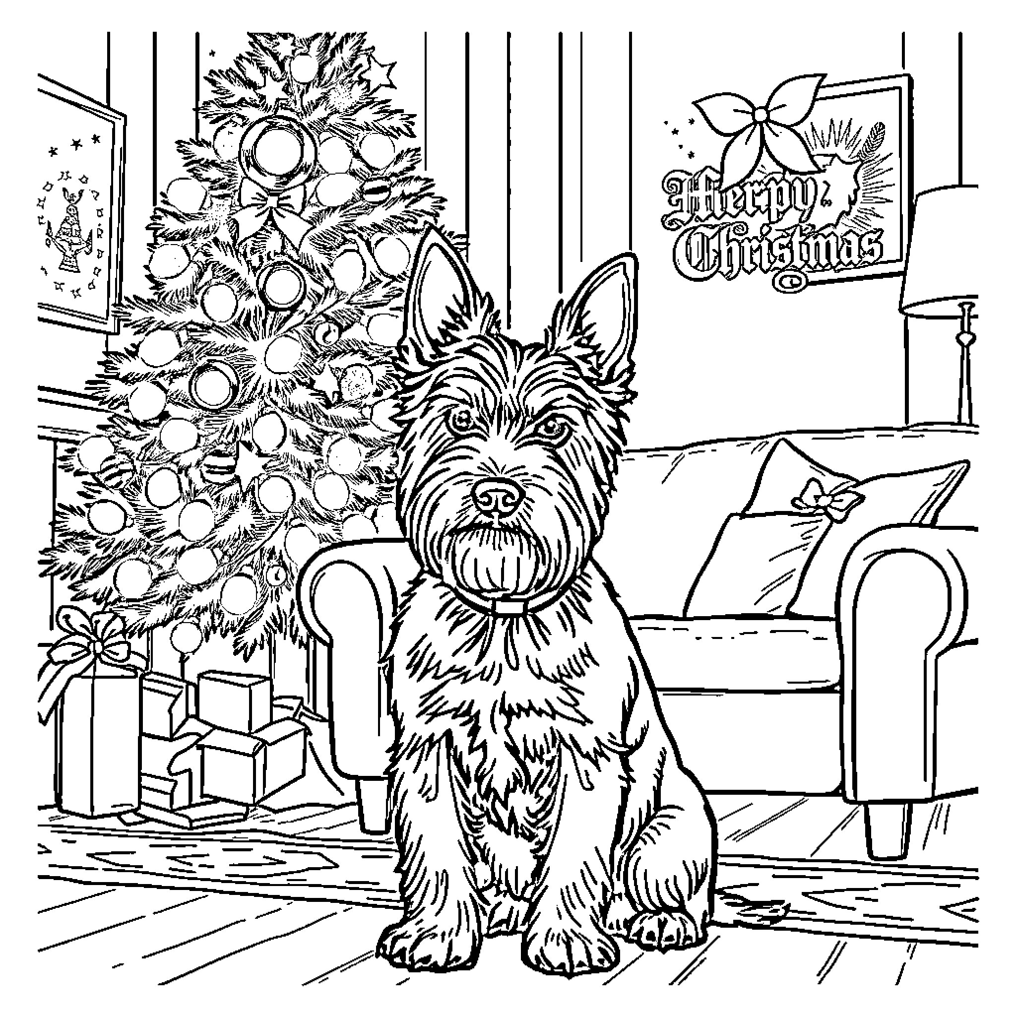 Norfolk Terrier enjoying the Christmas decor Coloring Page (free black-and-white line drawing printable PDF for all, from beginners to advanced learners, including children, teens, adults, and seniors)