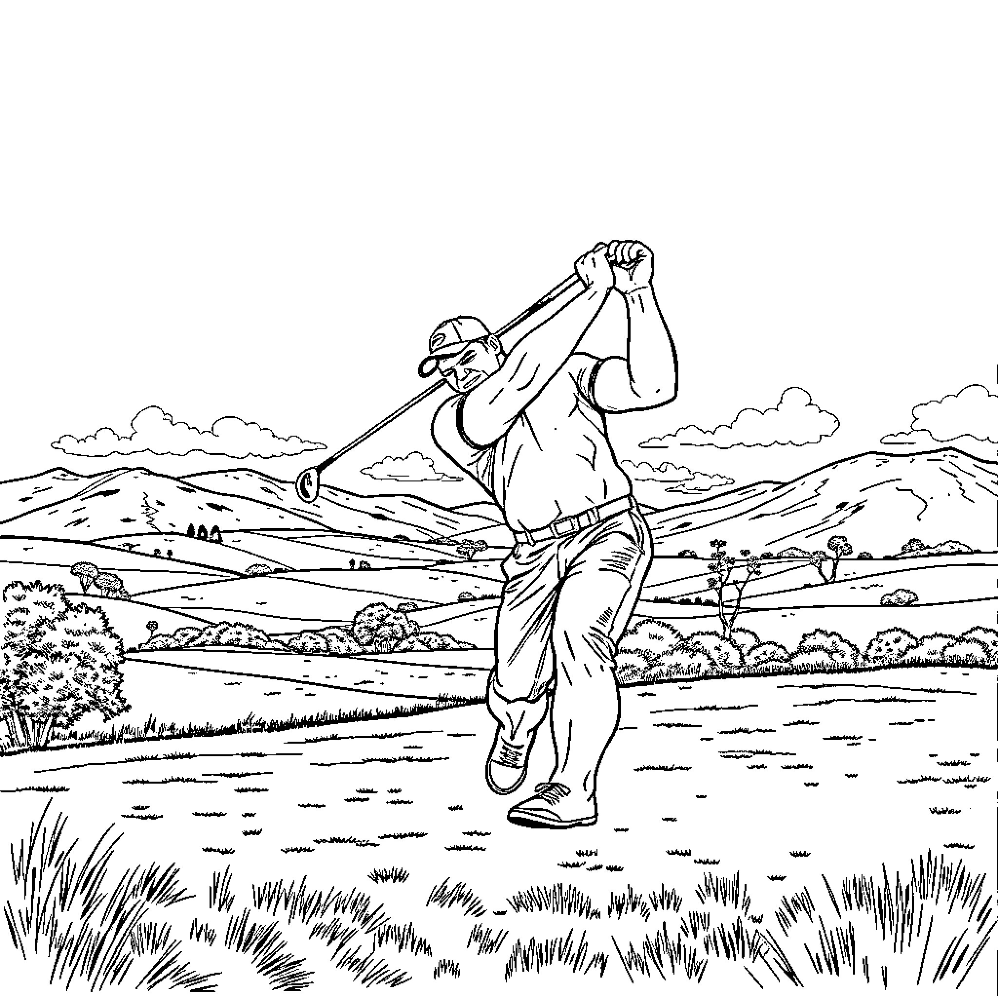 Hulk smashing through the countryside Coloring Page (free black-and-white line drawing printable PDF for all, from beginners to advanced learners, including children, teens, adults, and seniors)