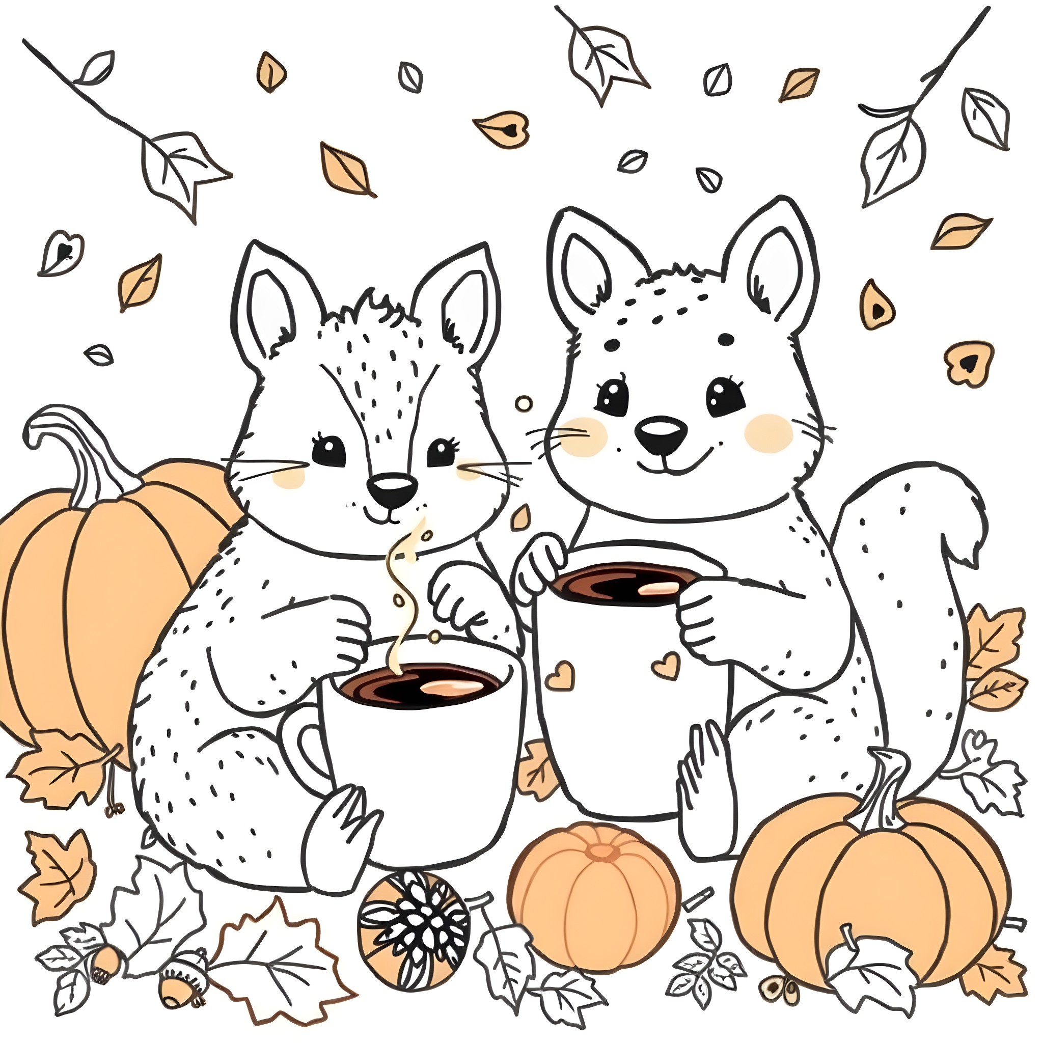 Kawaii Animal Friends Enjoying Autumn Treats Coloring Page (free black-and-white line drawing printable PDF for all, from beginners to advanced learners, including children, teens, adults, and seniors)