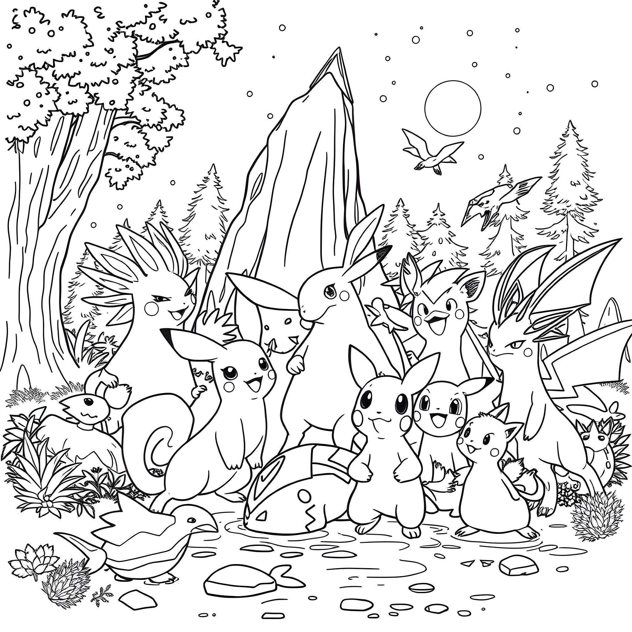Pokémon Gathering in the Enchanted Forest Coloring Page (free black-and-white line drawing printable PDF for all, from beginners to advanced learners, including children, teens, adults, and seniors)