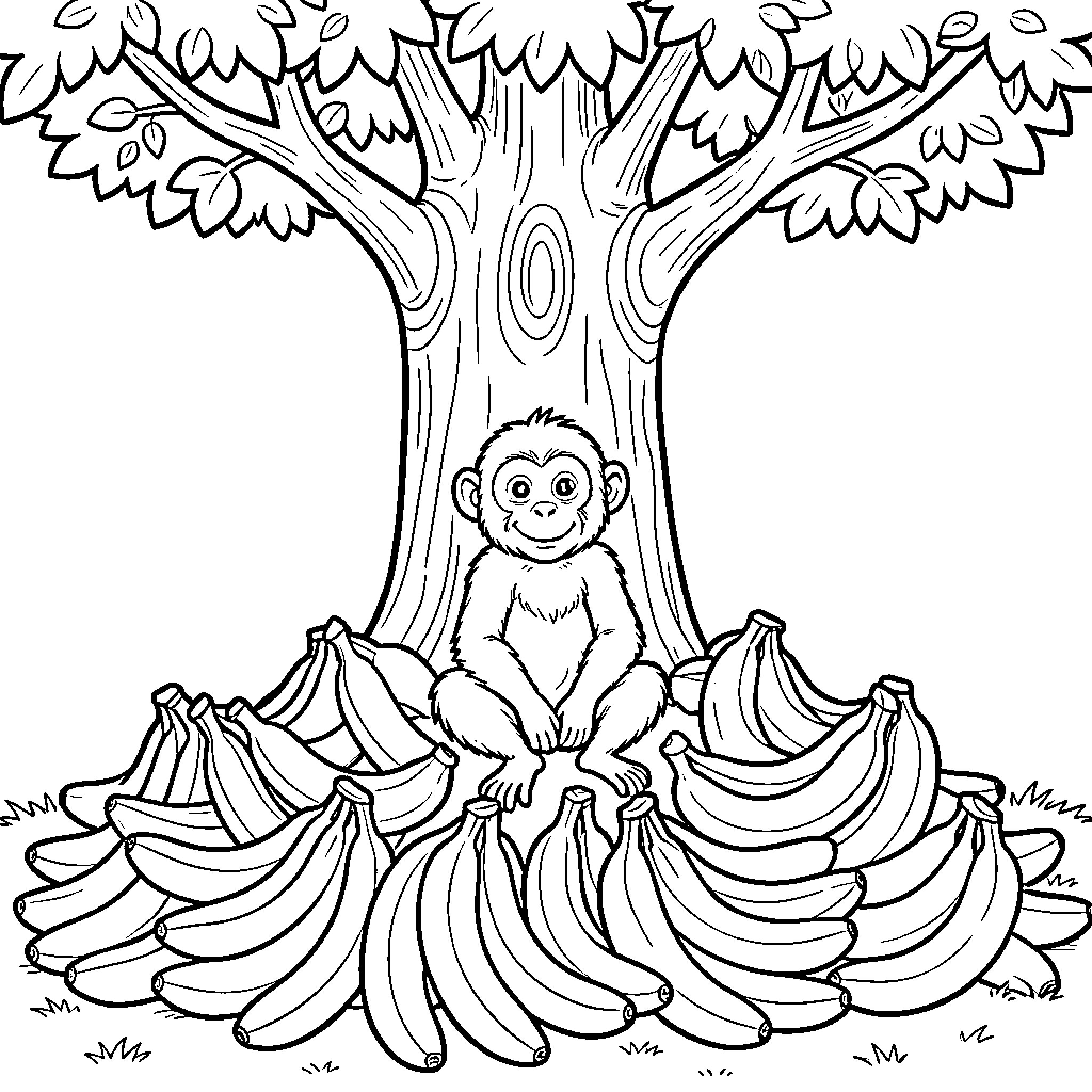Monkey sitting on a tree with bananas Coloring Page (free black-and-white line drawing printable PDF for all, from beginners to advanced learners, including children, teens, adults, and seniors)