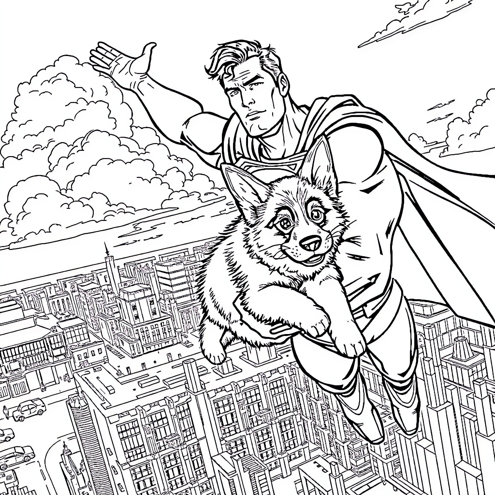 Superman flies above the city with his canine companion Coloring Page (free black-and-white line drawing printable PDF for all, from beginners to advanced learners, including children, teens, adults, and seniors)