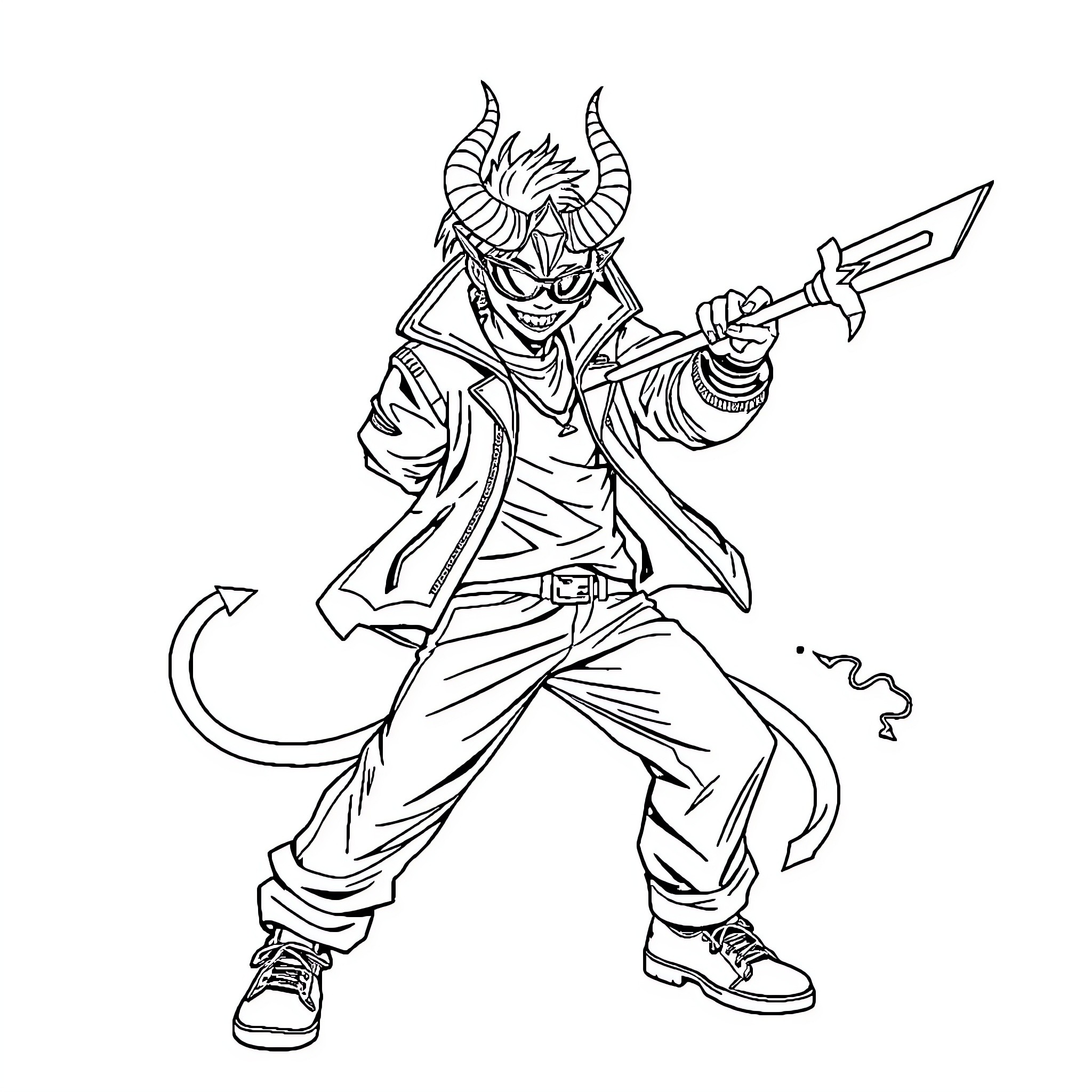 Demon Hunter wielding a sword with determination Coloring Page (free black-and-white line drawing printable PDF for all, from beginners to advanced learners, including children, teens, adults, and seniors)