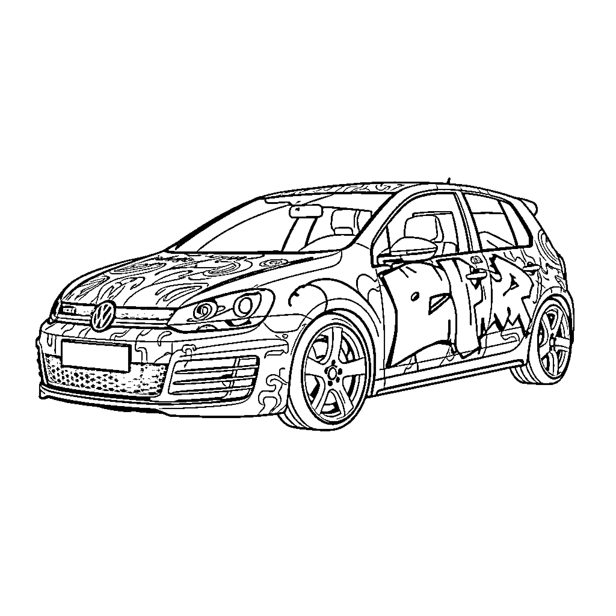 Mk6 GTI Racing through the Streets Coloring Page (free black-and-white line drawing printable PDF for all, from beginners to advanced learners, including children, teens, adults, and seniors)
