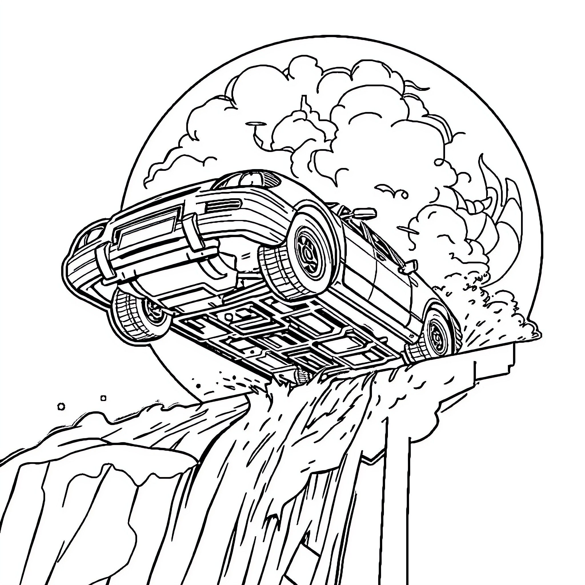 Auto Stunt Crash Leap Over Cliff Coloring Page (free black-and-white line drawing printable PDF for all, from beginners to advanced learners, including children, teens, adults, and seniors)