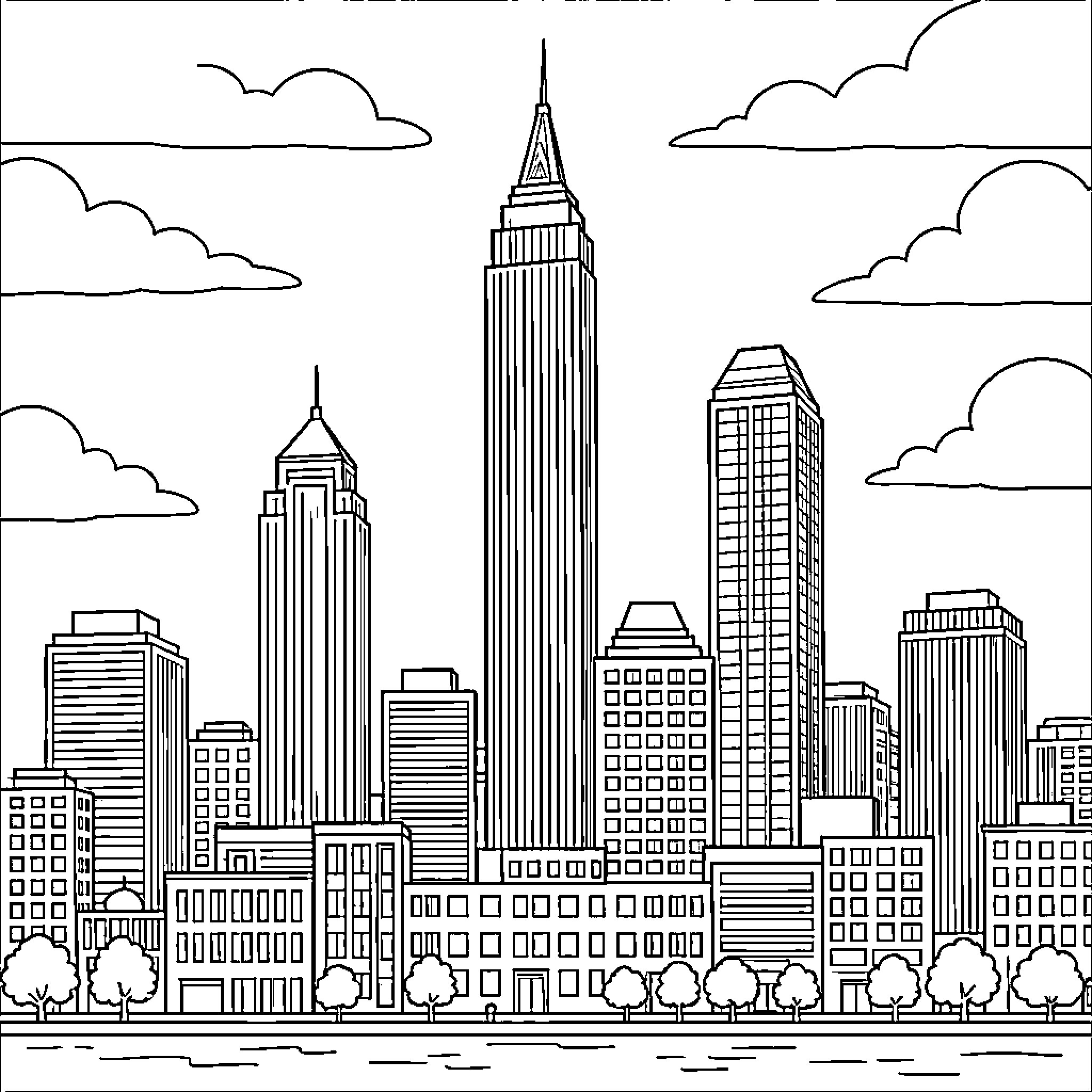 Cleveland skyline featuring tall skyscrapers and clouds Coloring Page (free black-and-white line drawing printable PDF for all, from beginners to advanced learners, including children, teens, adults, and seniors)