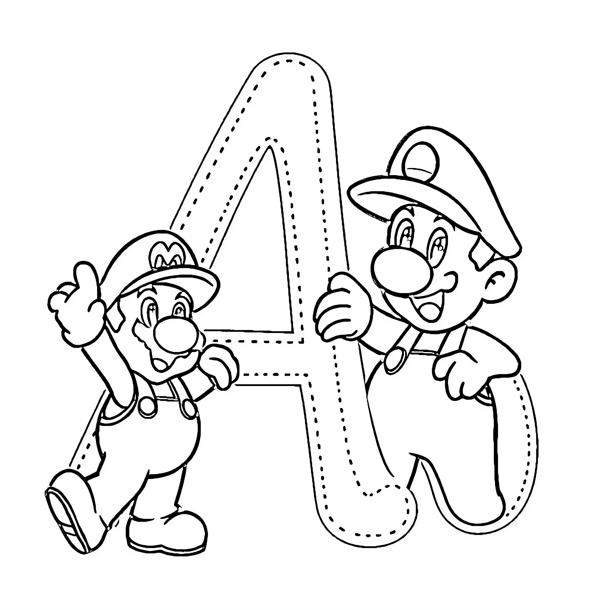 Mario Brothers Playfully Posing with Large Letter Coloring Page (free black-and-white line drawing printable PDF for all, from beginners to advanced learners, including children, teens, adults, and seniors)