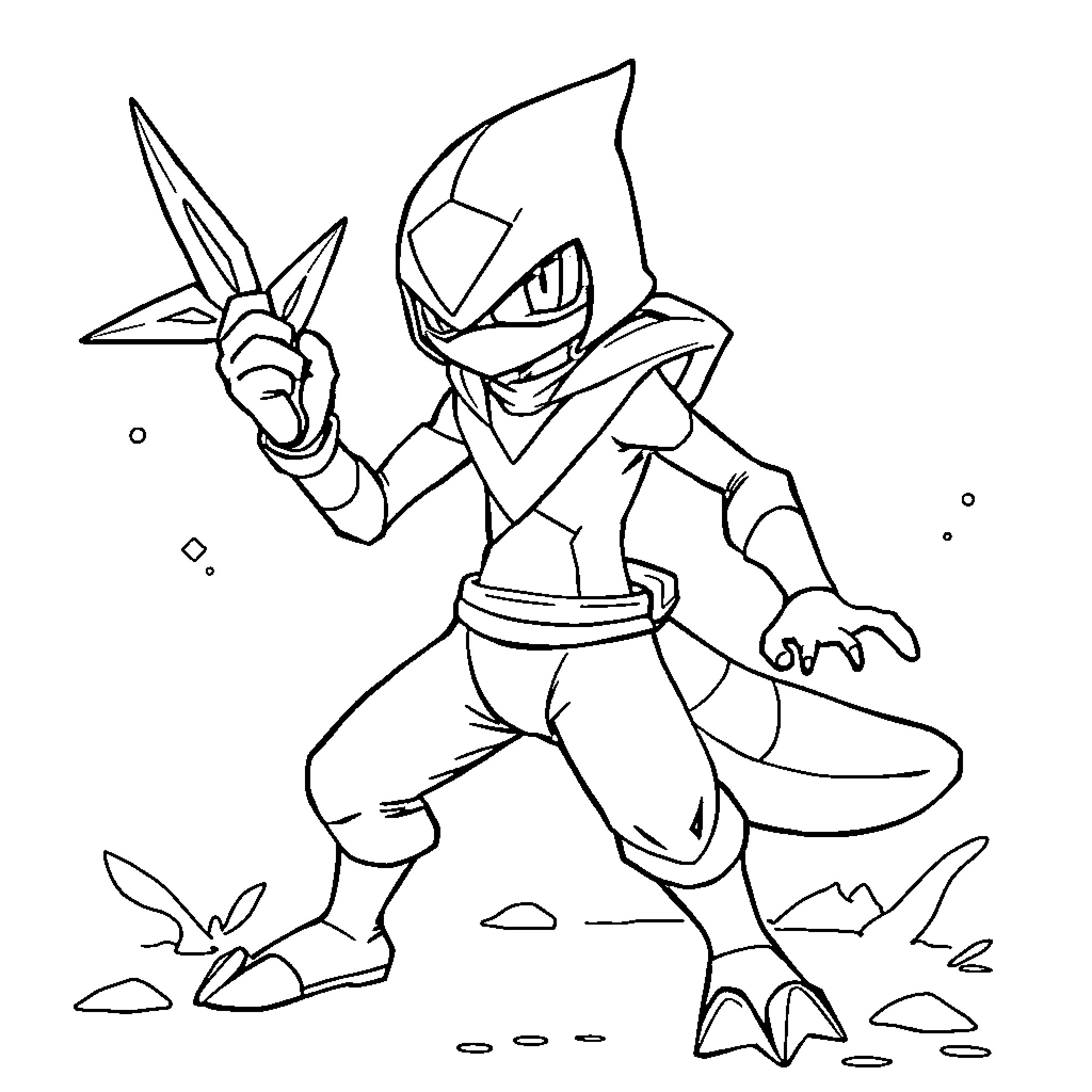 Greninja engaging in combat with sharp weapons Coloring Page (free black-and-white line drawing printable PDF for all, from beginners to advanced learners, including children, teens, adults, and seniors)