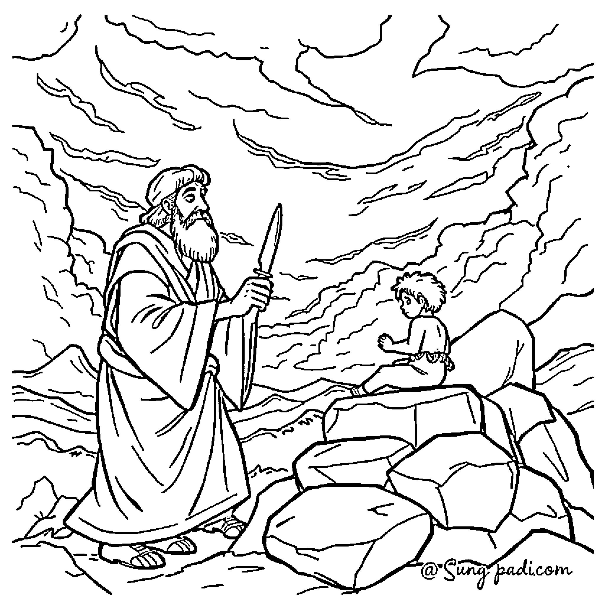 Abraham encounters a young boy in the wilderness Coloring Page (free black-and-white line drawing printable PDF for all, from beginners to advanced learners, including children, teens, adults, and seniors)