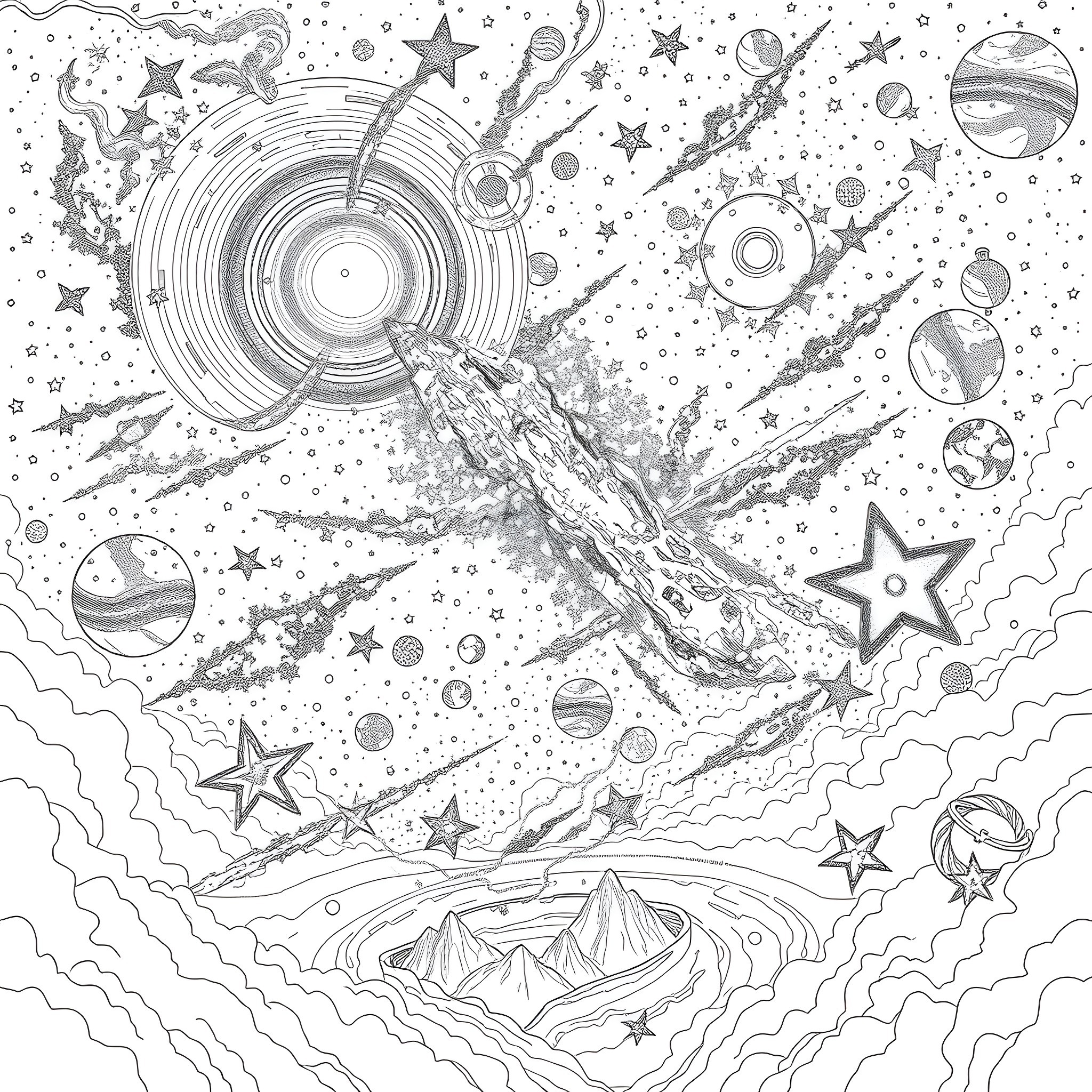 Celestial Cosmic Explosion with Celestial Motifs Coloring Page (free black-and-white line drawing printable PDF for all, from beginners to advanced learners, including children, teens, adults, and seniors)