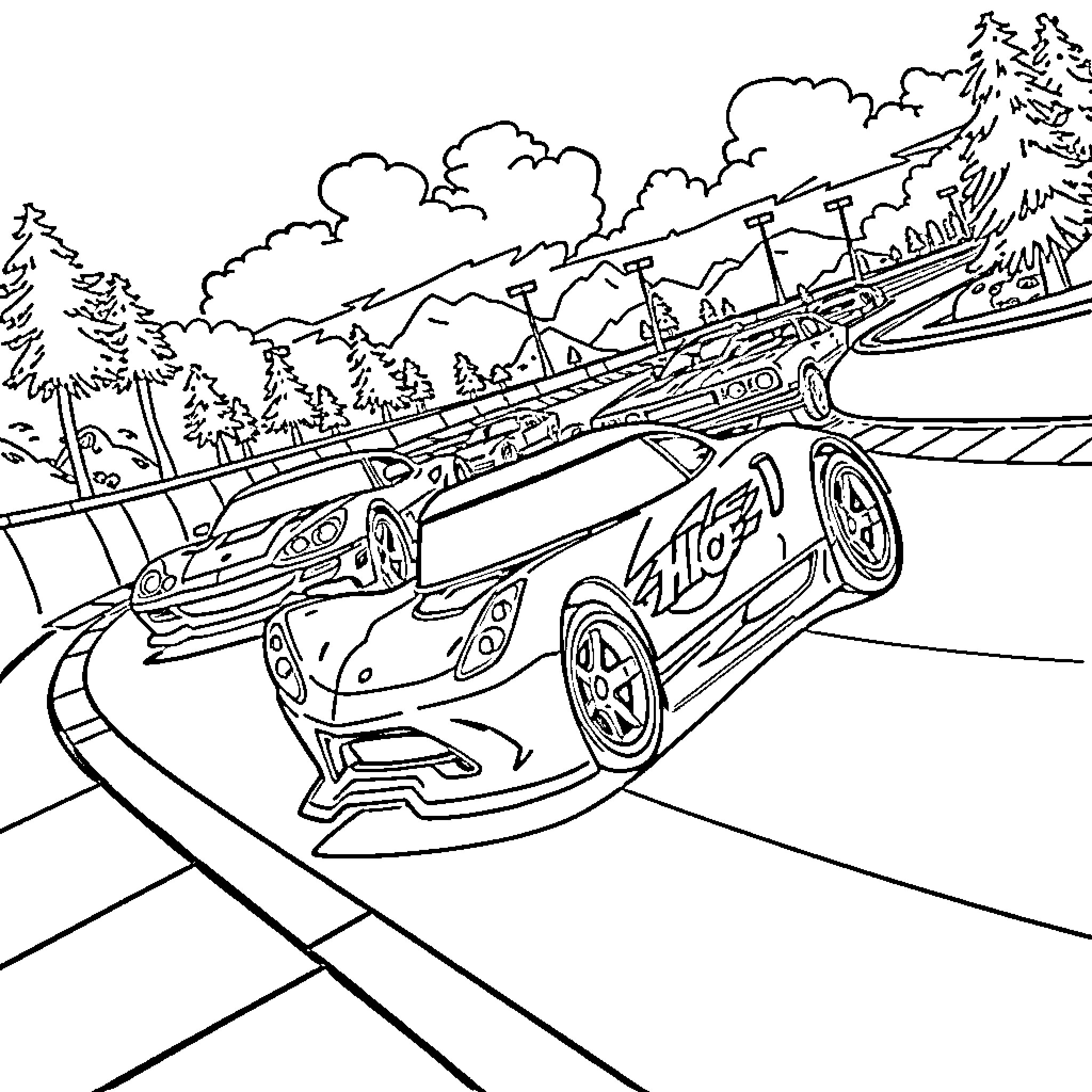 Hot Wheels racing cars on winding track through forest Coloring Page (free black-and-white line drawing printable PDF for all, from beginners to advanced learners, including children, teens, adults, and seniors)