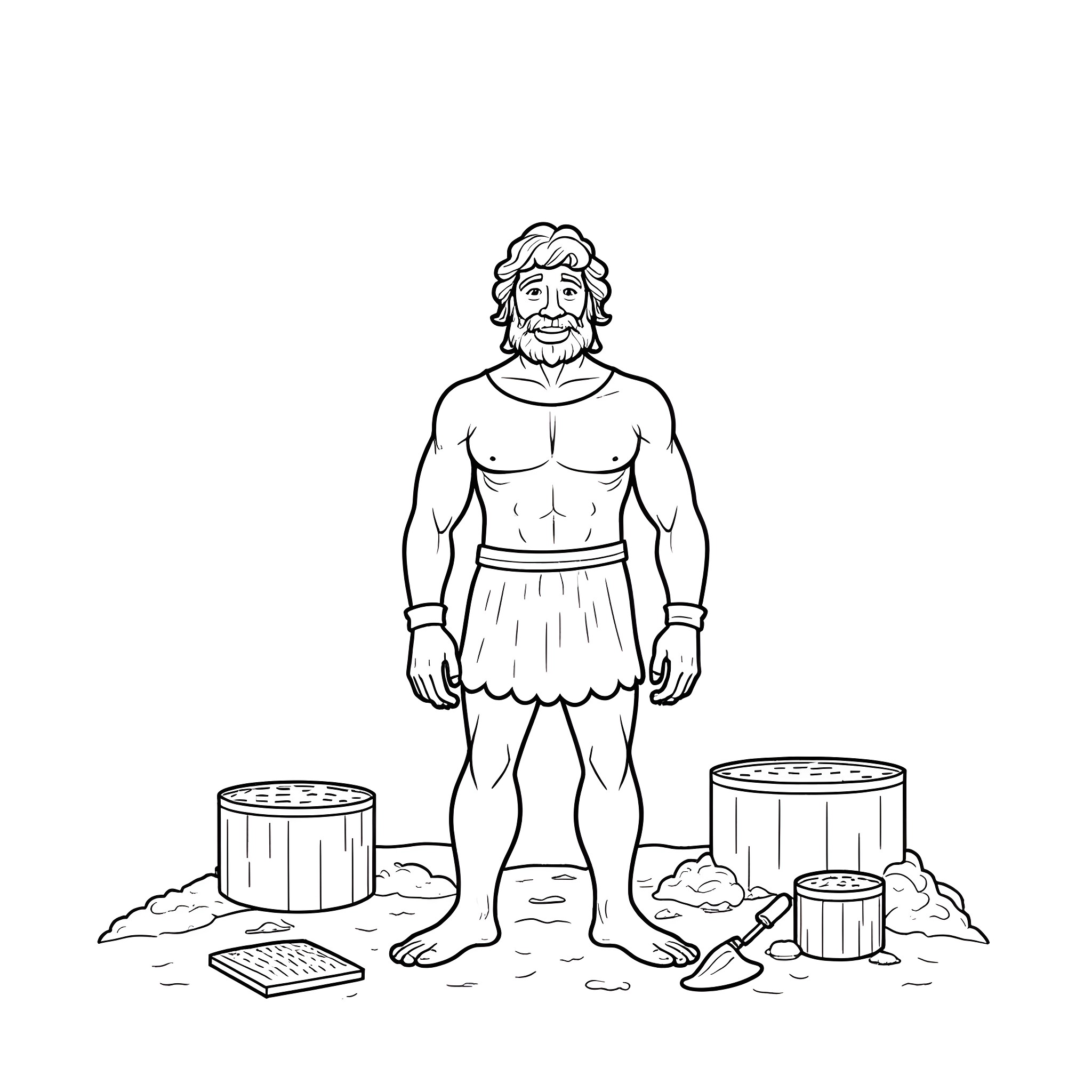 Caveman stands proudly in primitive surroundings Coloring Page (free black-and-white line drawing printable PDF for all, from beginners to advanced learners, including children, teens, adults, and seniors)