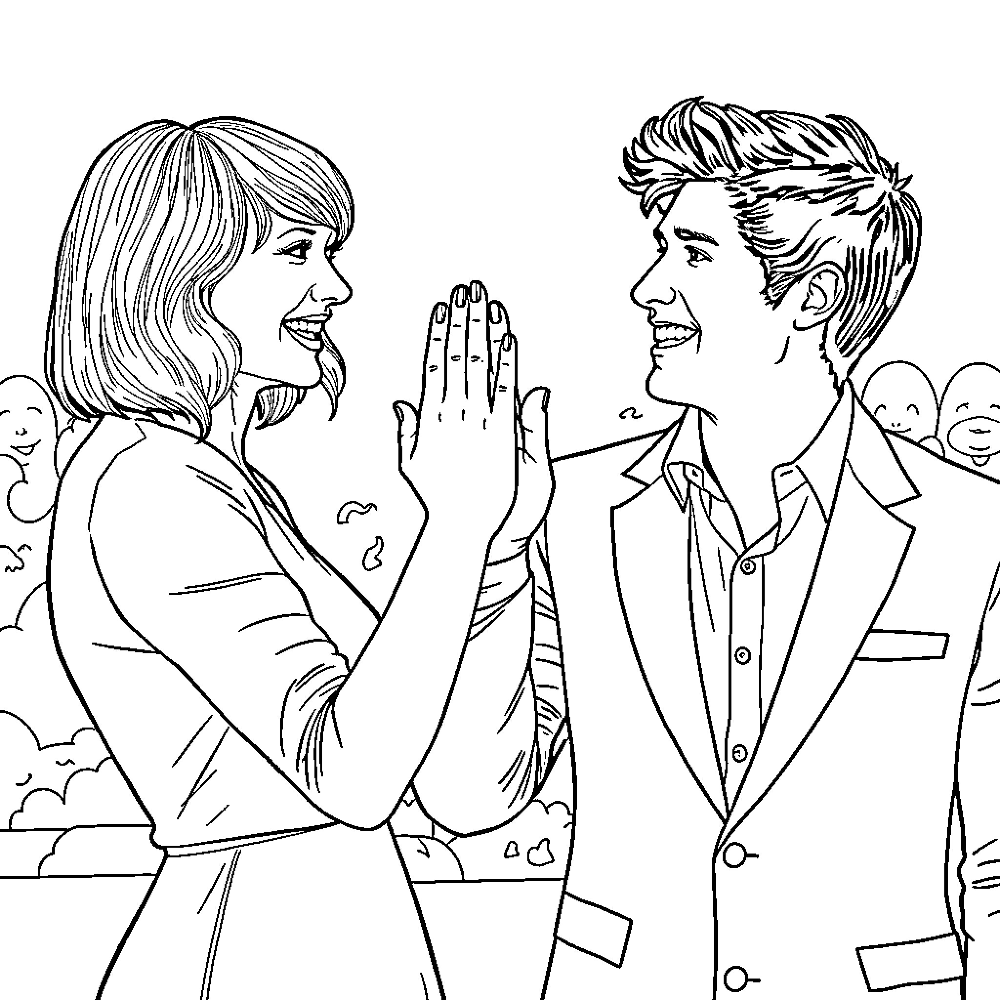 Taylor Swift and partner engaged in conversation Coloring Page (free black-and-white line drawing printable PDF for all, from beginners to advanced learners, including children, teens, adults, and seniors)