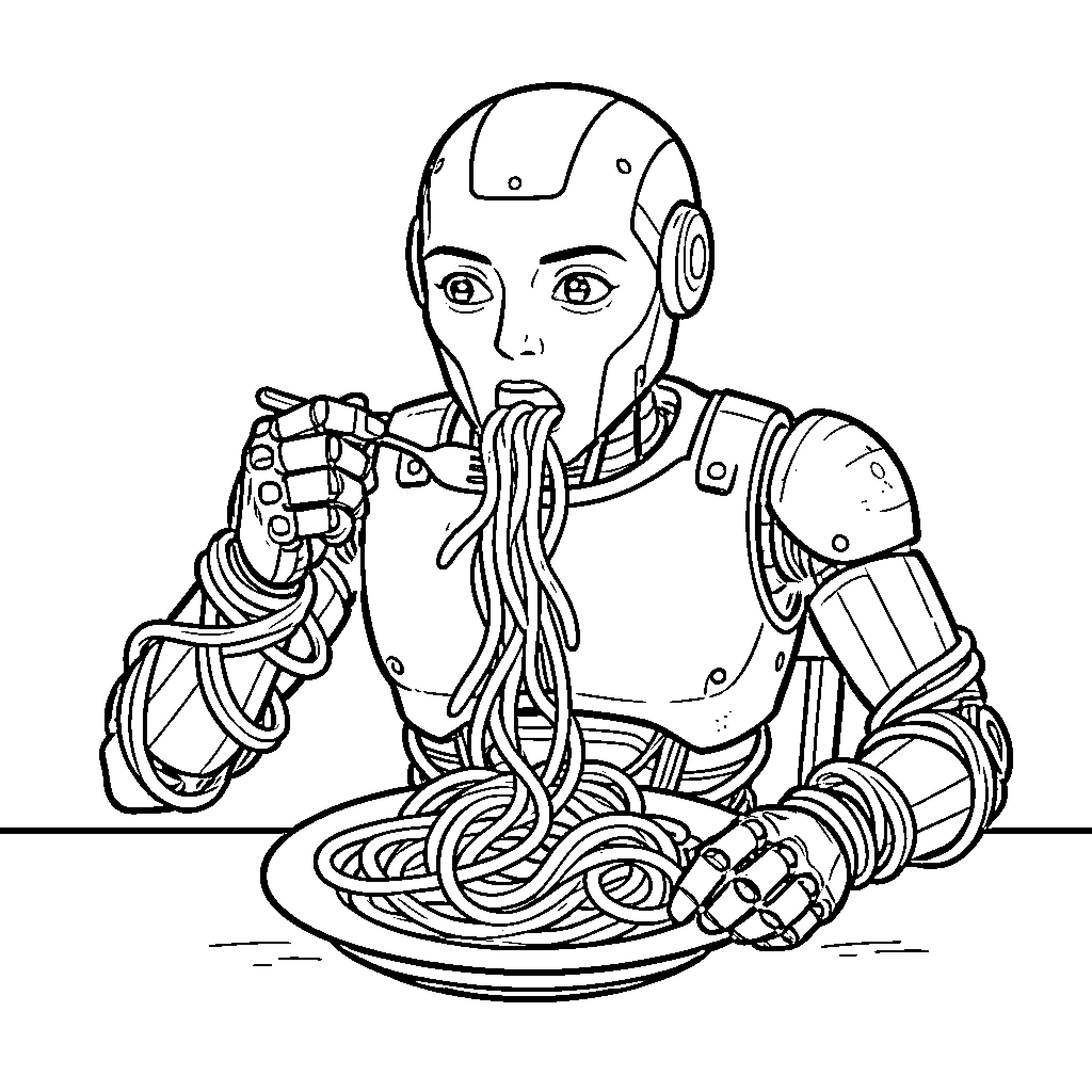 Robot eating long noodles with a fork Coloring Page (free black-and-white line drawing printable PDF for all, from beginners to advanced learners, including children, teens, adults, and seniors)