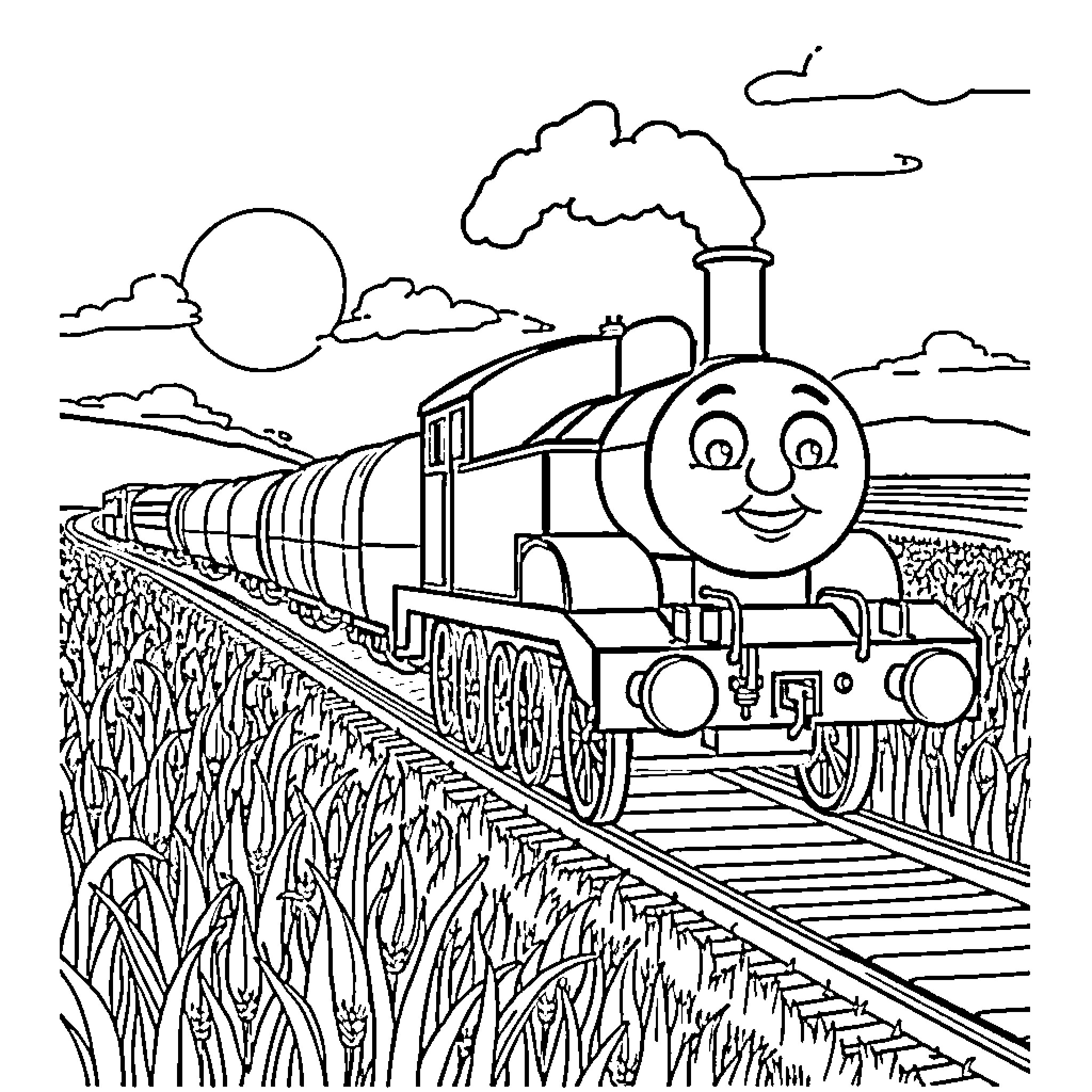 Thomas Train Happily Chugging Through the Countryside Coloring Page (free black-and-white line drawing printable PDF for all, from beginners to advanced learners, including children, teens, adults, and seniors)