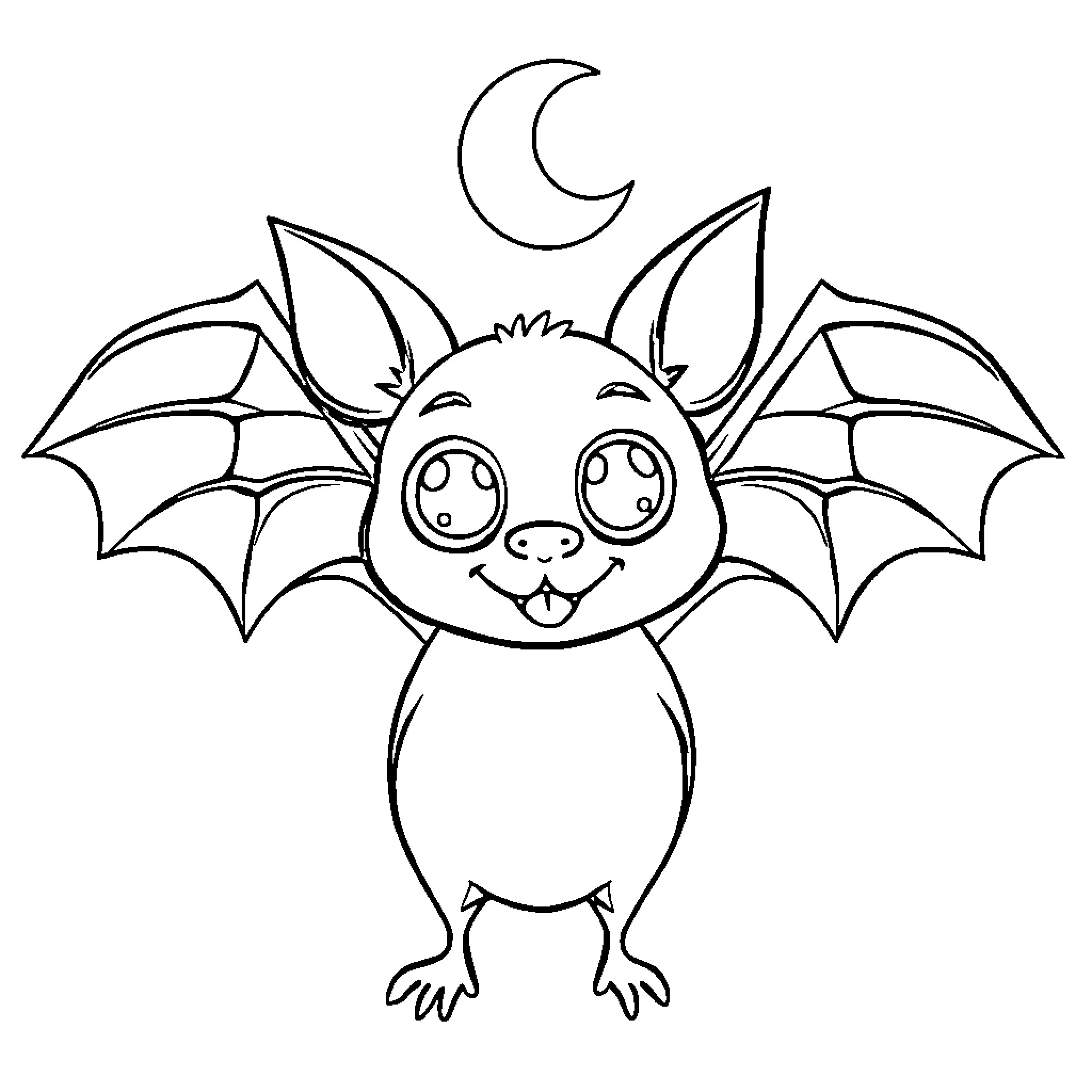 Bat flying with joyful expression Coloring Page (free black-and-white line drawing printable PDF for all, from beginners to advanced learners, including children, teens, adults, and seniors)