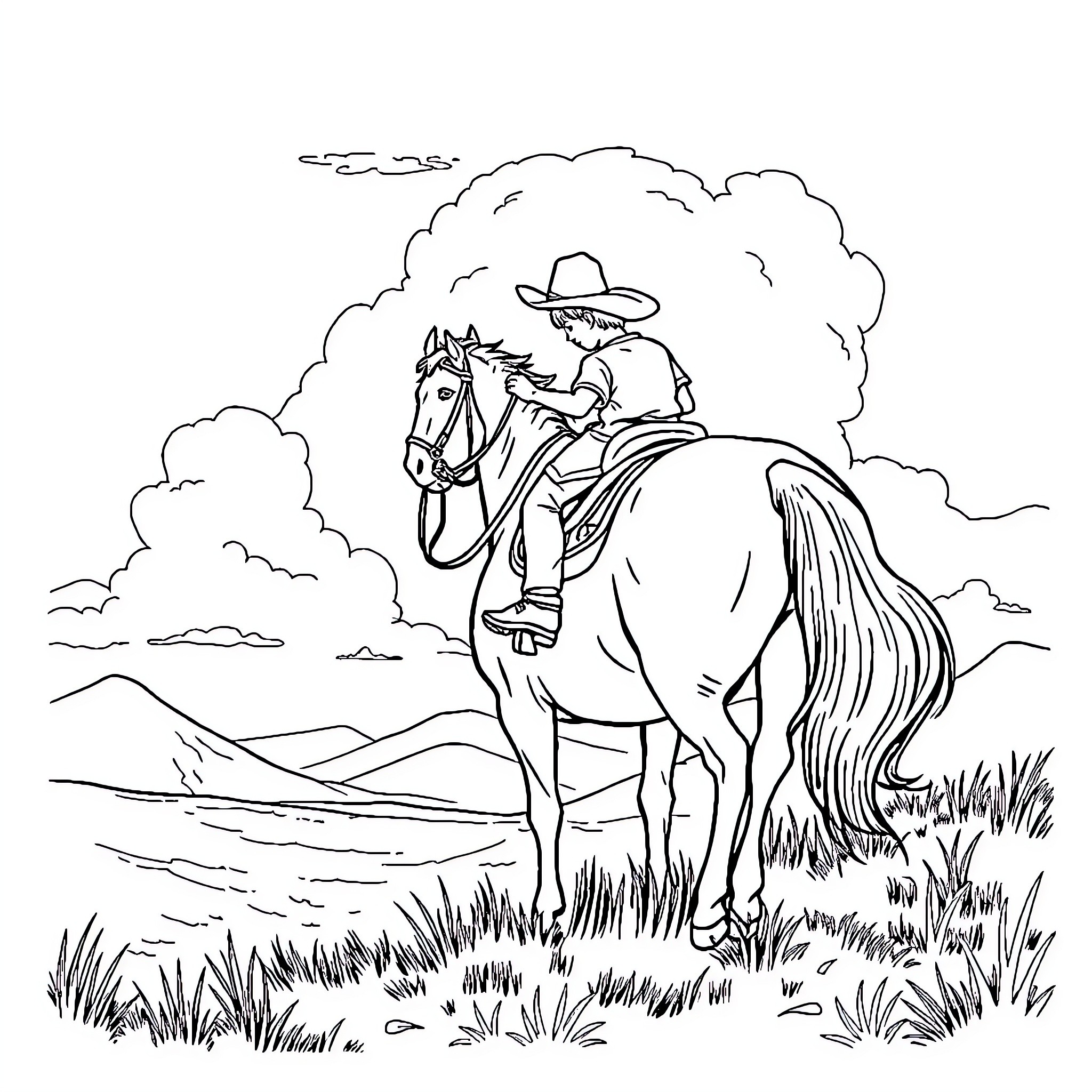 Cowboy riding horse through grassy countryside Coloring Page (free black-and-white line drawing printable PDF for all, from beginners to advanced learners, including children, teens, adults, and seniors)