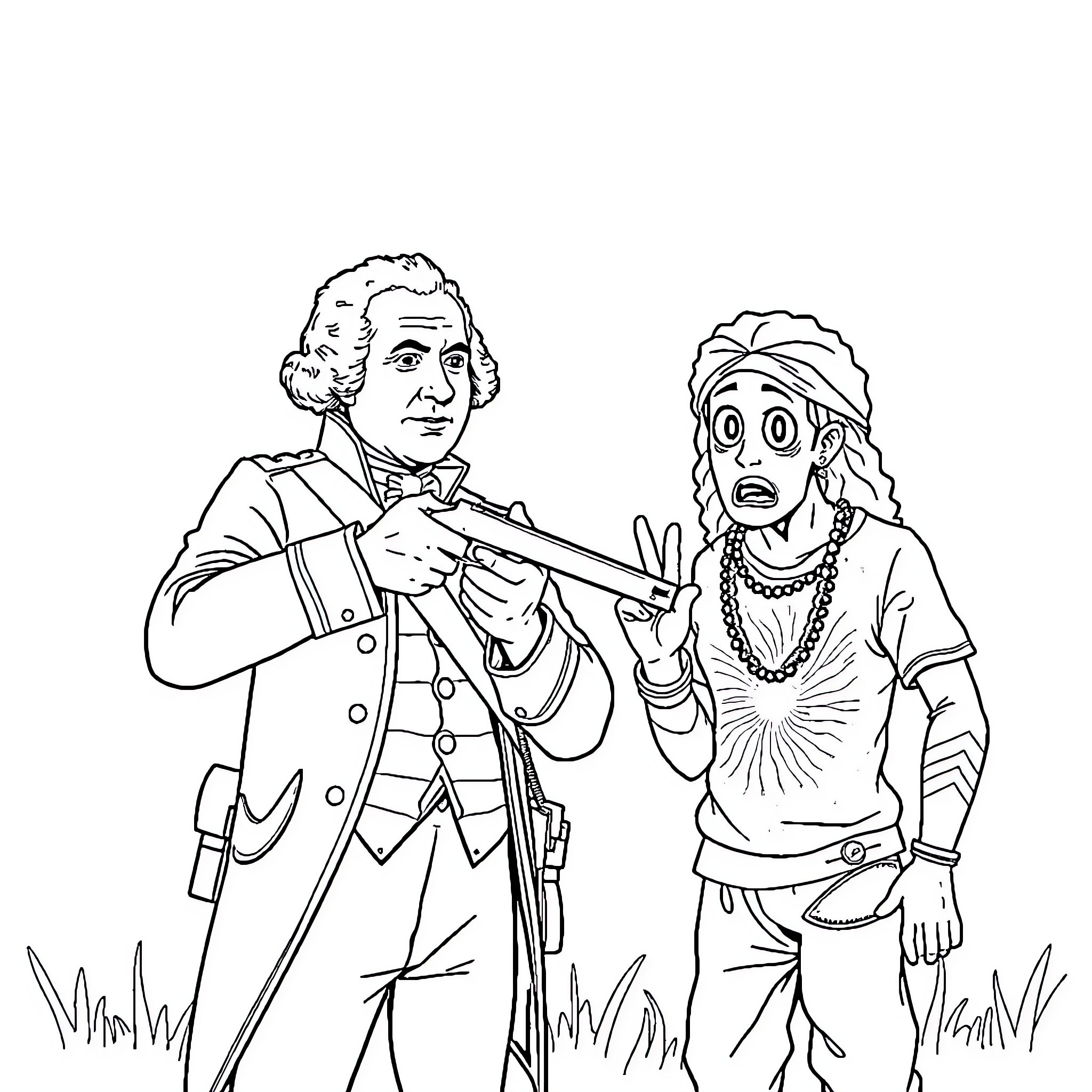 George Washington confronting Native American in the wilderness Coloring Page (free black-and-white line drawing printable PDF for all, from beginners to advanced learners, including children, teens, adults, and seniors)